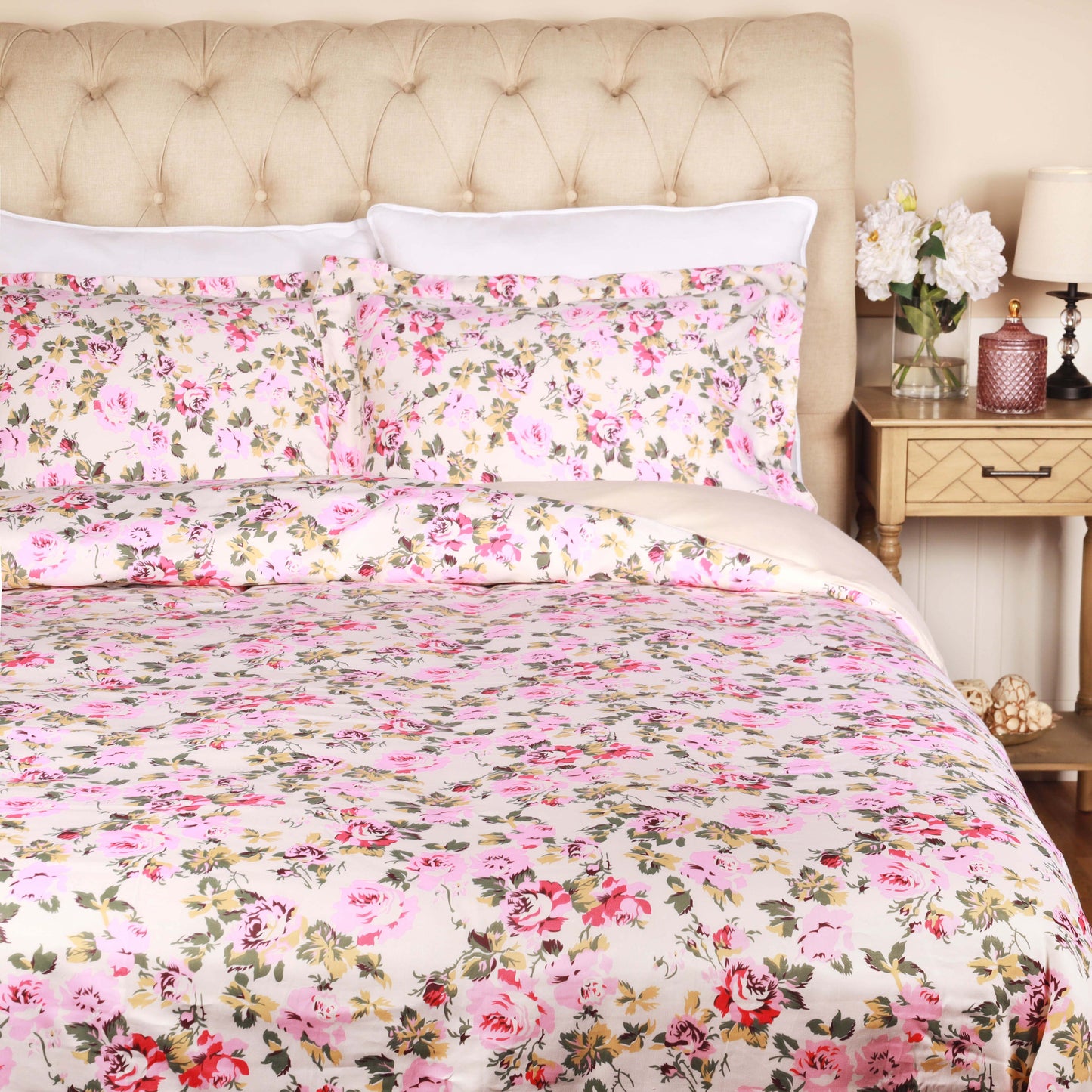 300 Thread Count Solid or Floral Cotton All-Season Duvet Cover Set - Cream