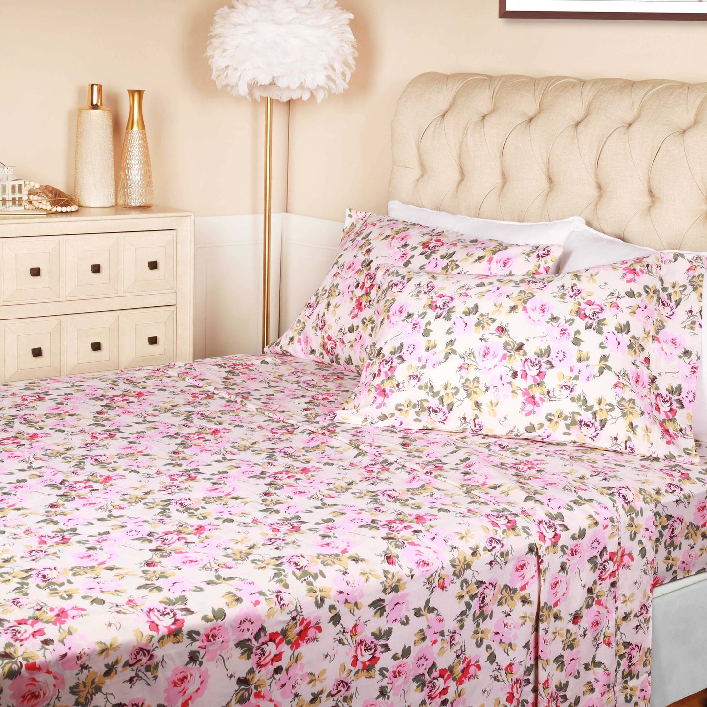 300 Thread Count Cotton Vintage Solid Or Floral Bellflower Sheet Set - Cream