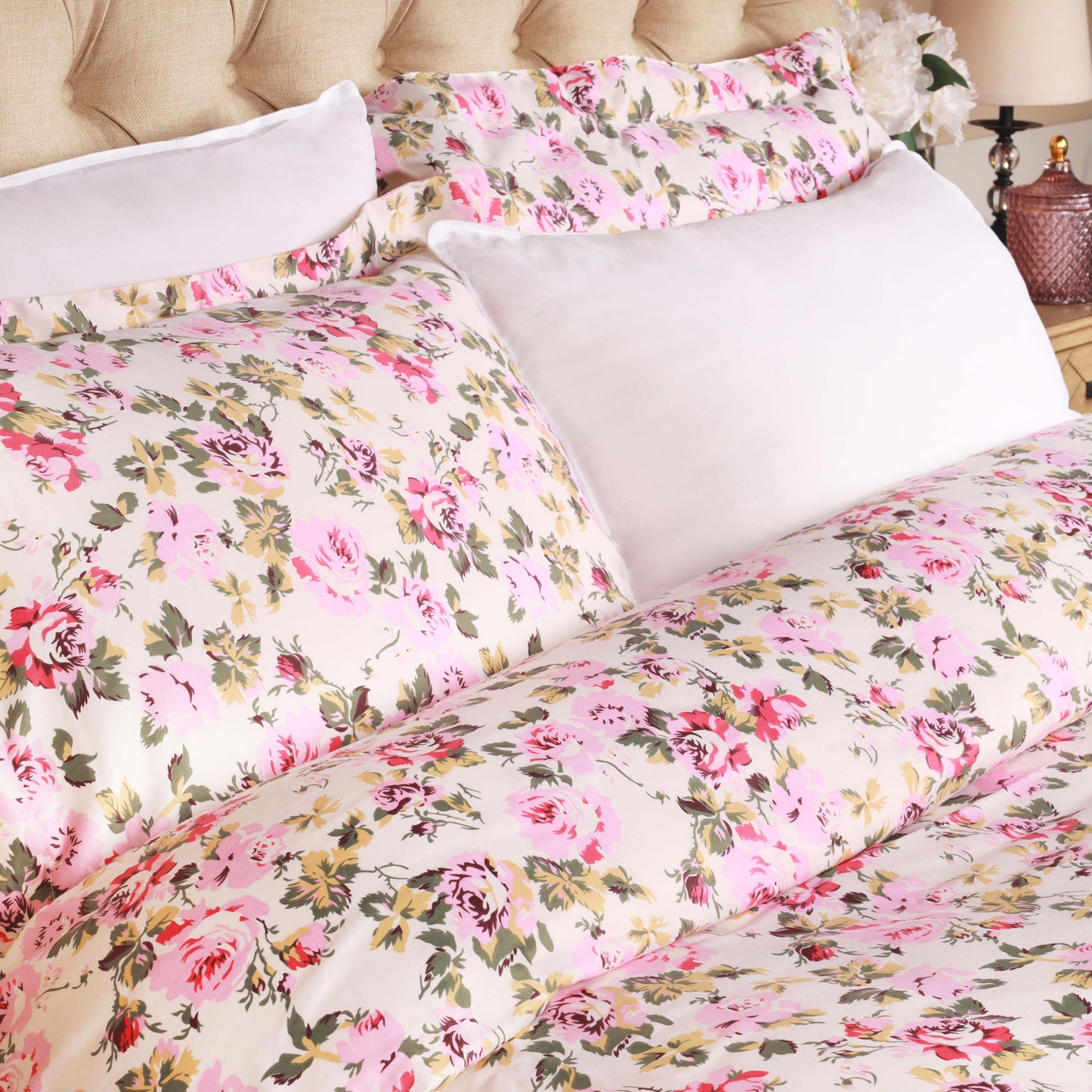 300 Thread Count Solid or Floral Cotton All-Season Duvet Cover Set - Cream