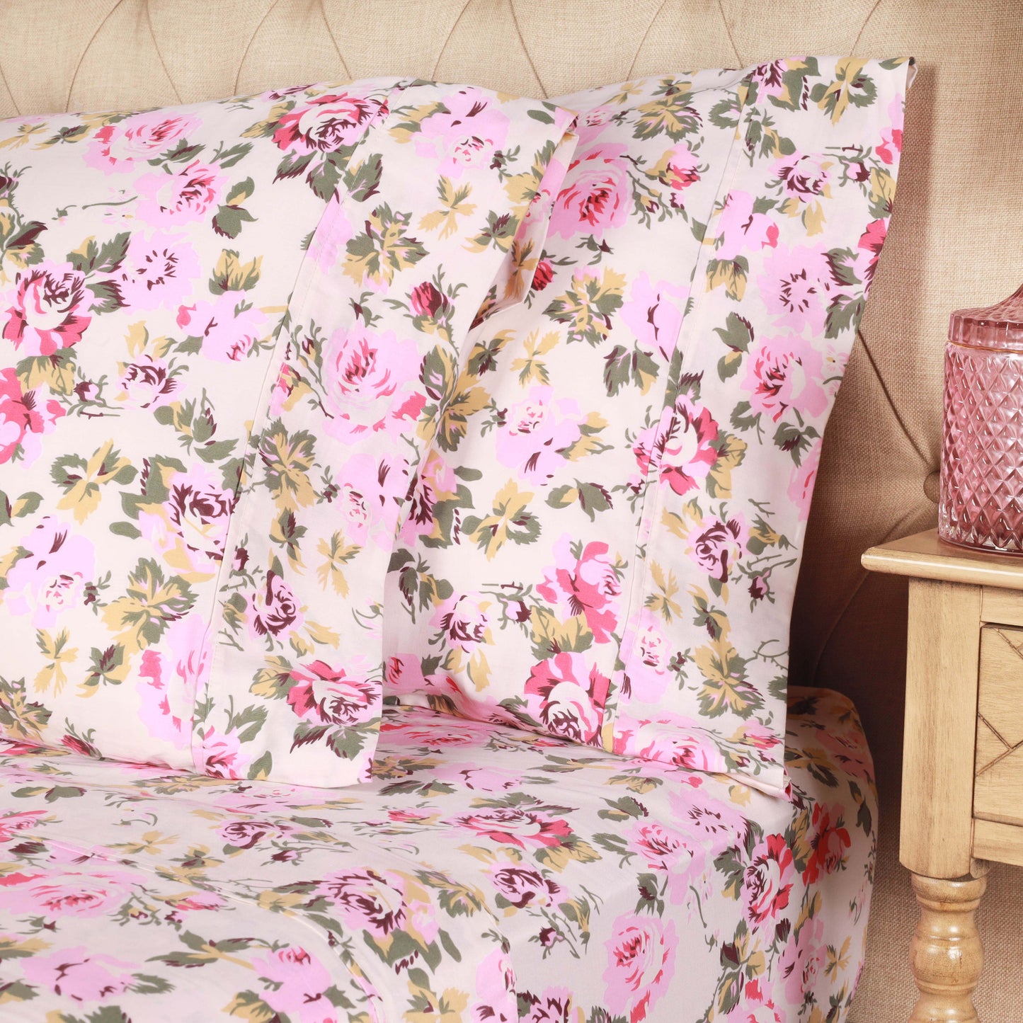 300 Thread Count Cotton Vintage Solid Or Floral Bellflower Sheet Set - Cream