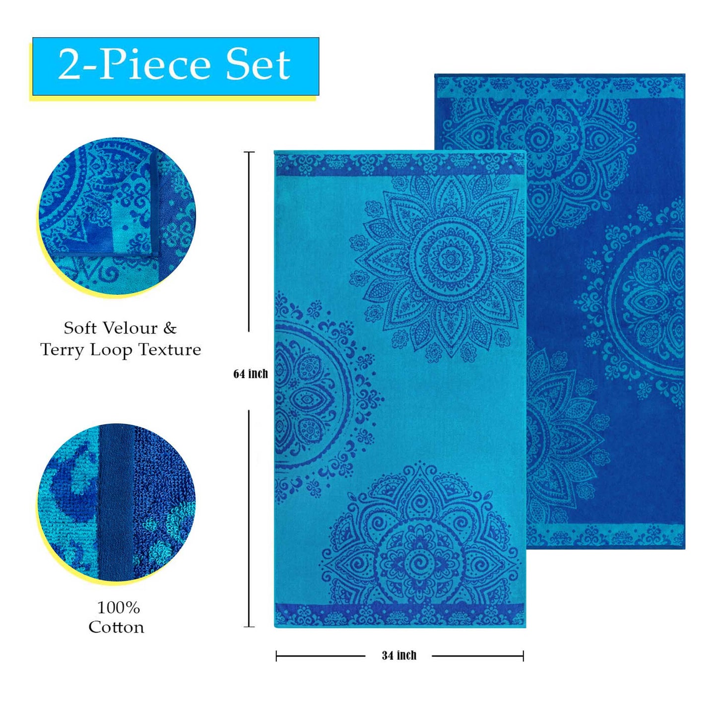 Superior Floral Mandala Cotton Oversized Beach Towel Set - Blue