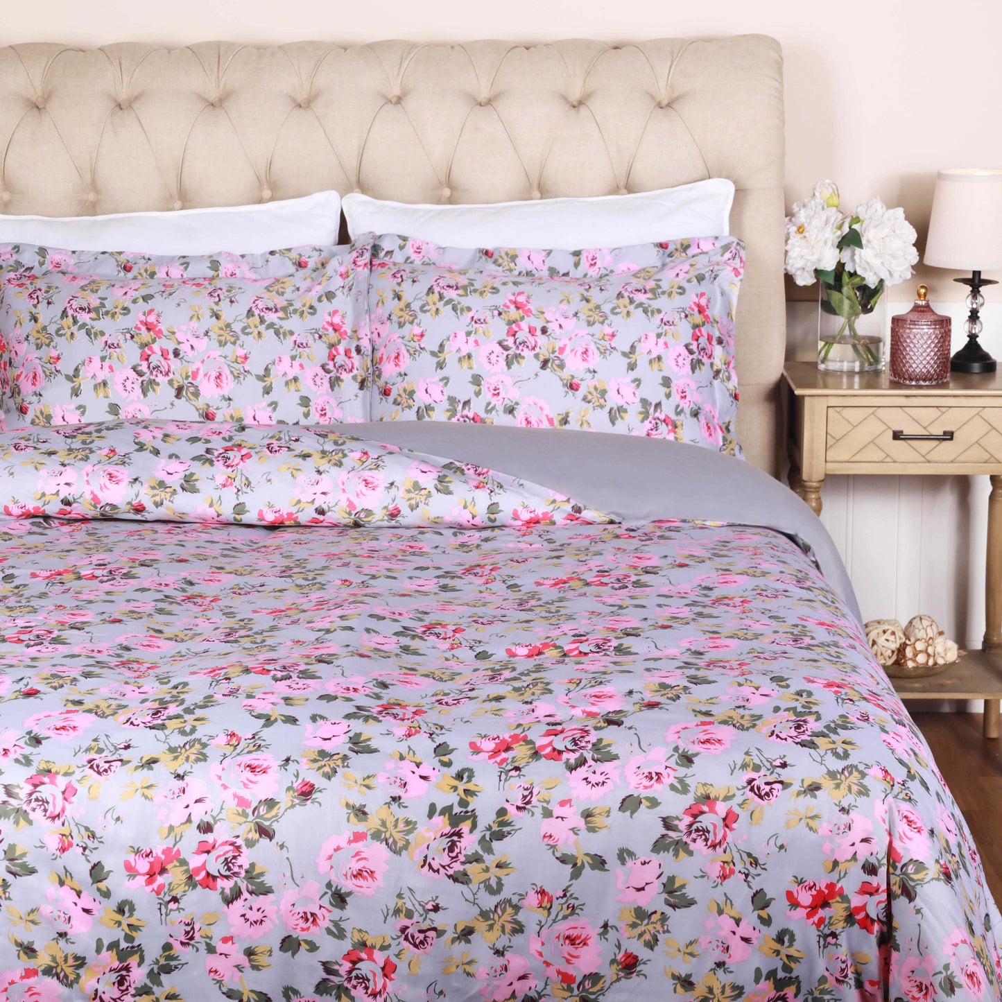 300 Thread Count Solid or Floral Cotton All-Season Duvet Cover Set - Silver