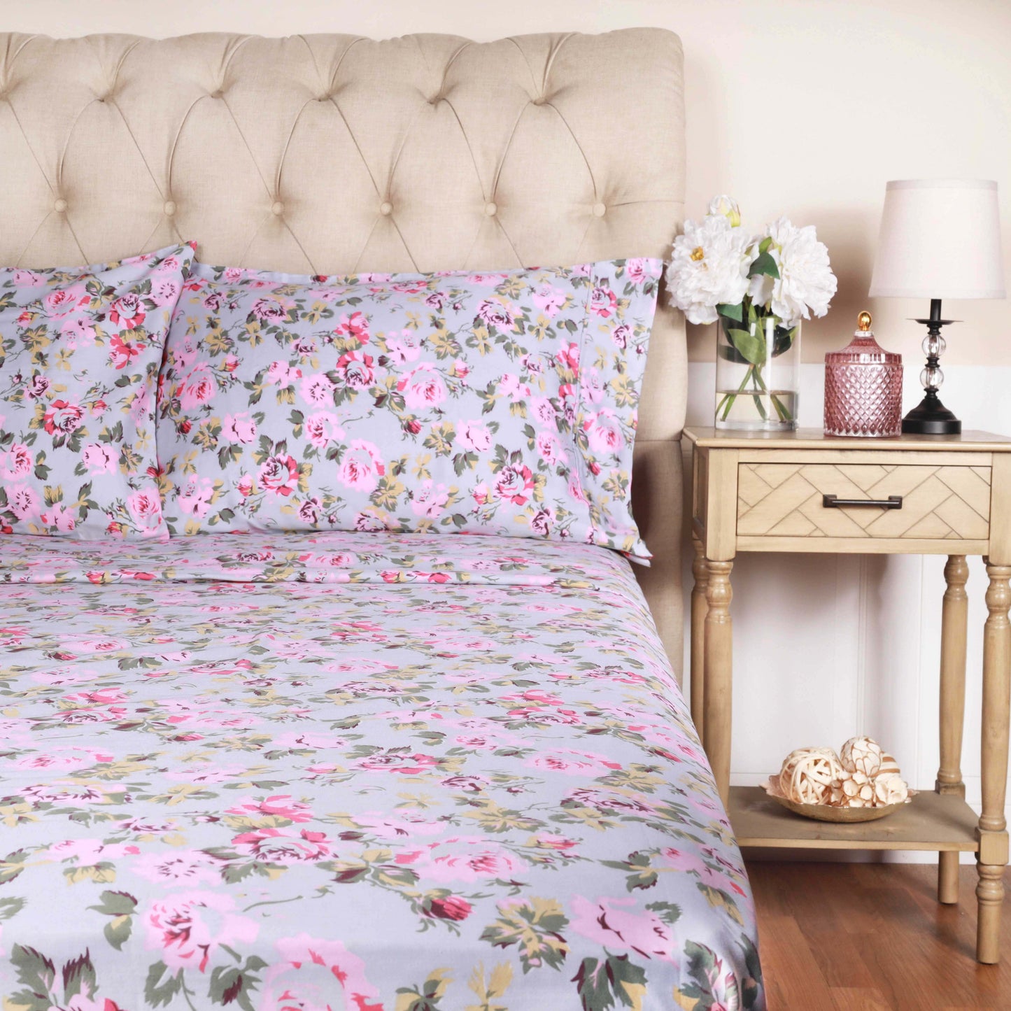 300 Thread Count Cotton Vintage Solid Or Floral Bellflower Sheet Set - Silver