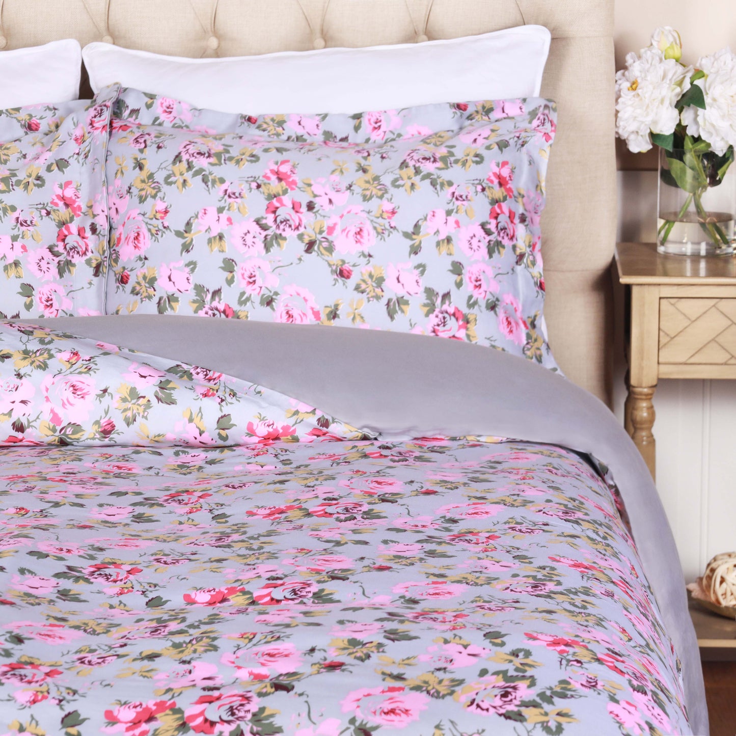300 Thread Count Solid or Floral Cotton All-Season Duvet Cover Set - Silver