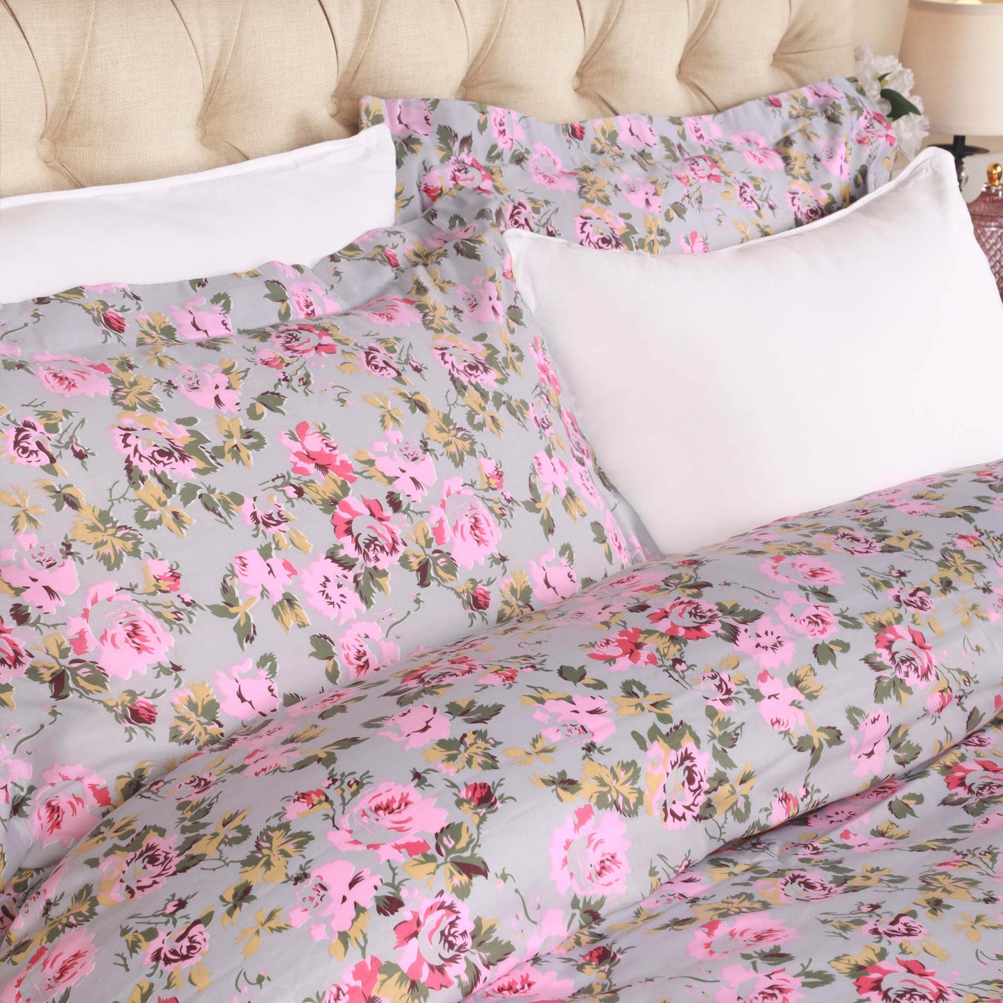 300 Thread Count Solid or Floral Cotton All-Season Duvet Cover Set - Silver