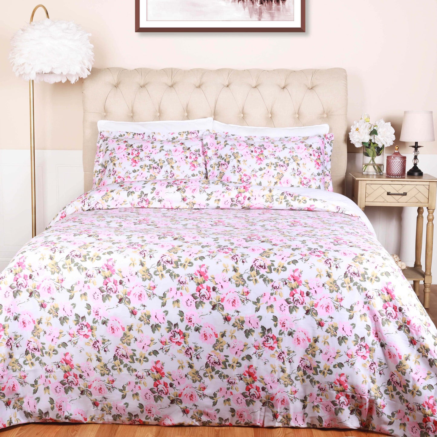 300 Thread Count Solid or Floral Cotton All-Season Duvet Cover Set - White