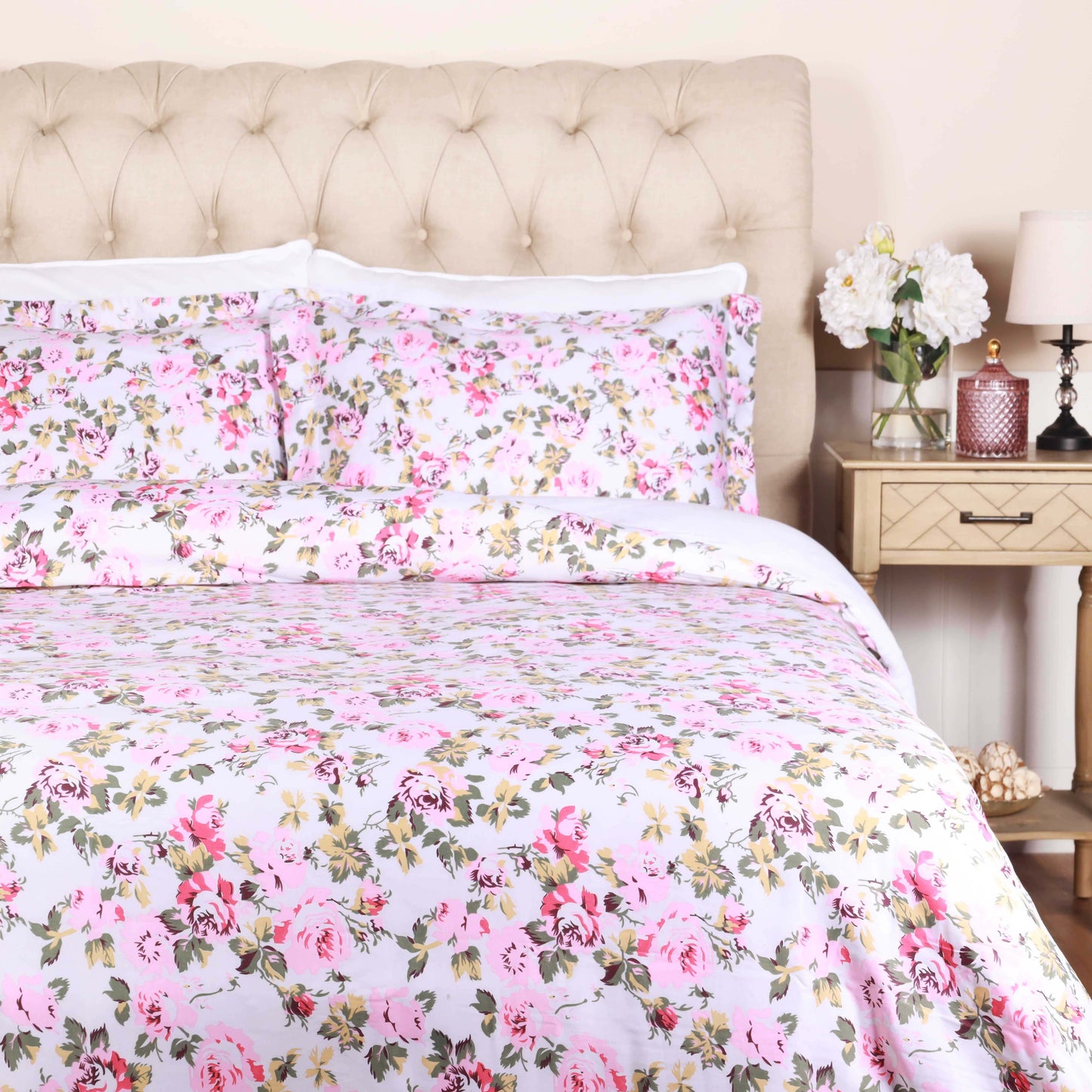 300 Thread Count Solid or Floral Cotton All-Season Duvet Cover Set - White