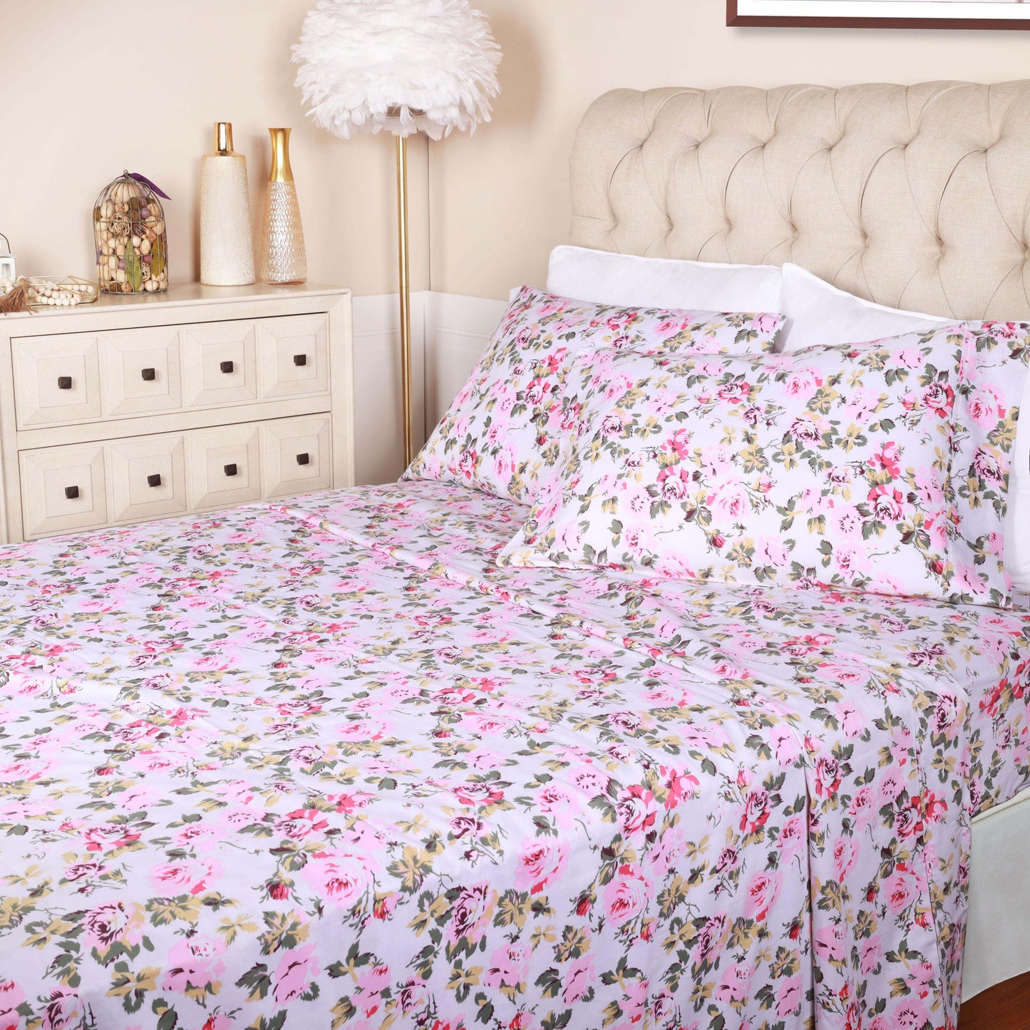 300 Thread Count Cotton Vintage Solid Or Floral Bellflower Sheet Set - White