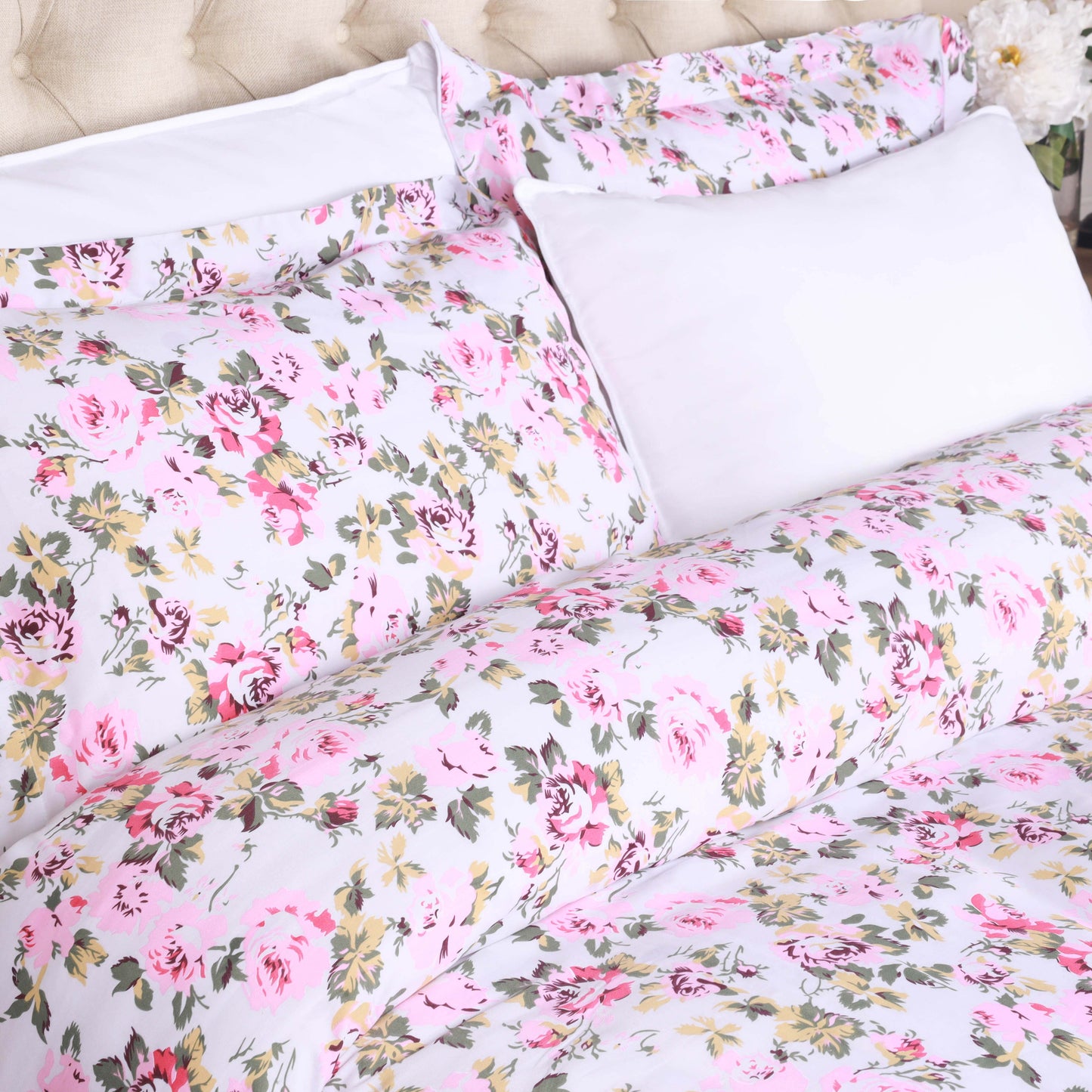 300 Thread Count Solid or Floral Cotton All-Season Duvet Cover Set - White