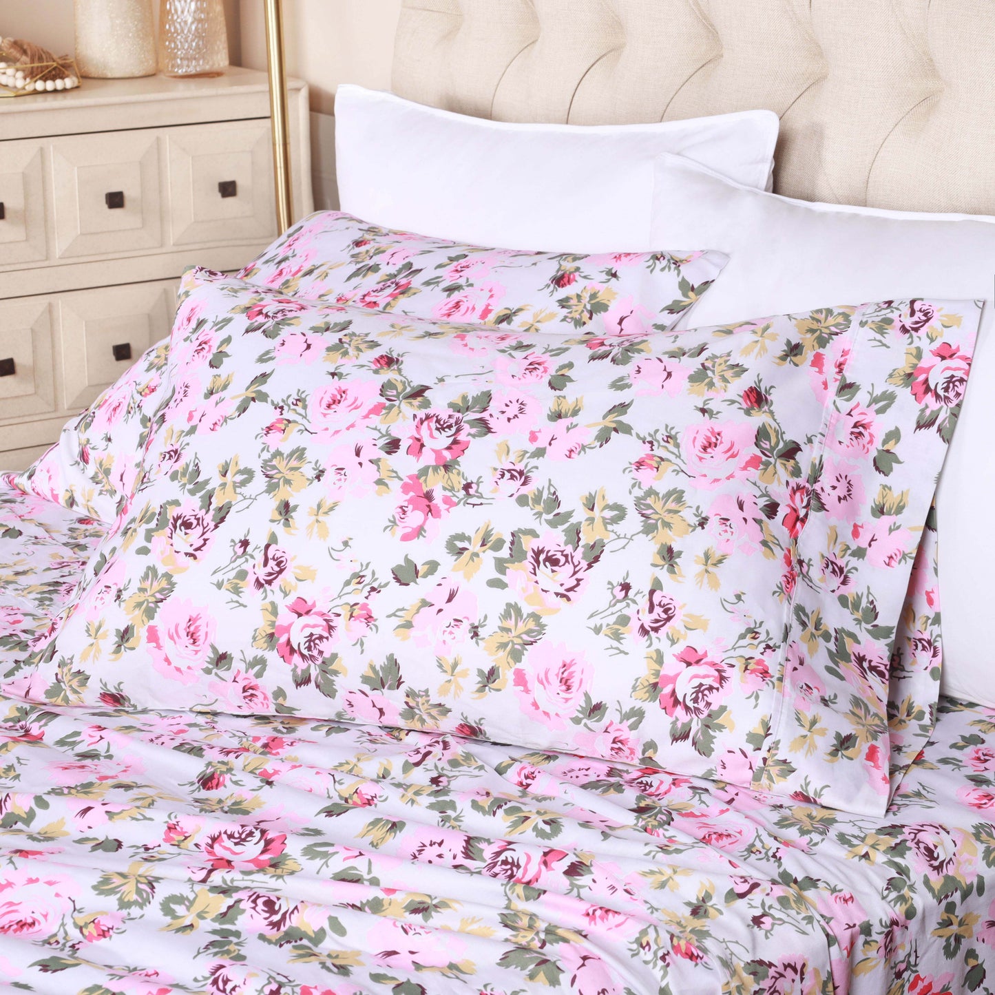 300 Thread Count Cotton Vintage Solid Or Floral Bellflower Sheet Set - White