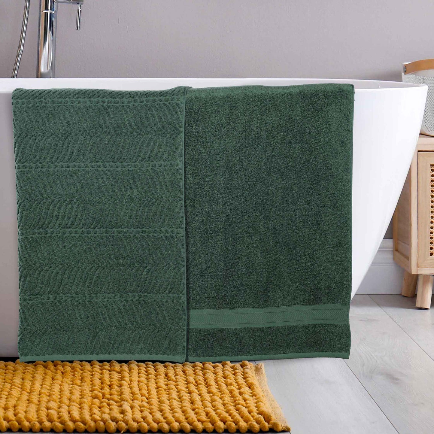 Chevron Zero Twist Solid and Jacquard Soft Cotton Bath Sheet Set of 2 - ForestGreen