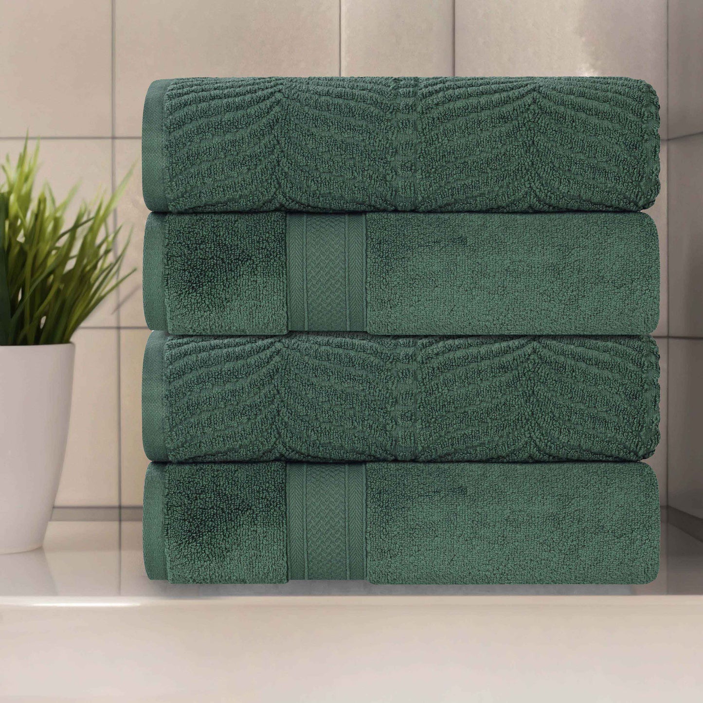Chevron Zero Twist Solid and Jacquard Soft Cotton Hand Towel Set of 6 - ForestGreen