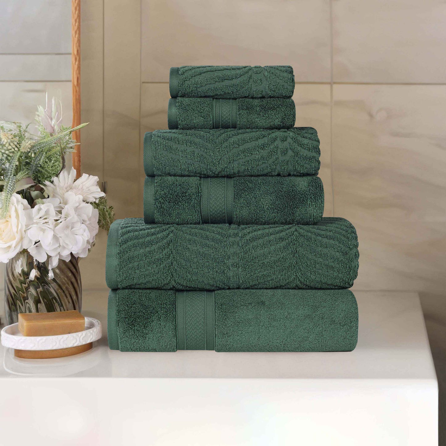 Chevron Zero Twist Solid and Jacquard Soft Cotton 6 Piece Towel Set - ForestGreen