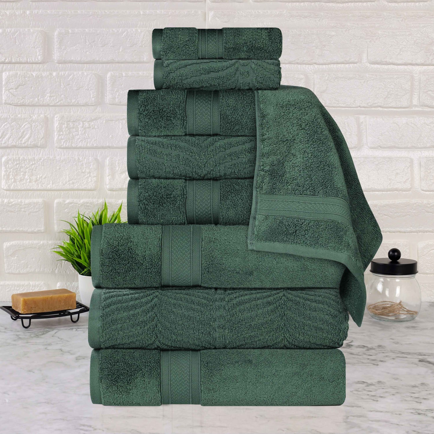 Chevron Zero Twist Solid and Jacquard Cotton 9 Piece Towel Set - ForestGreen