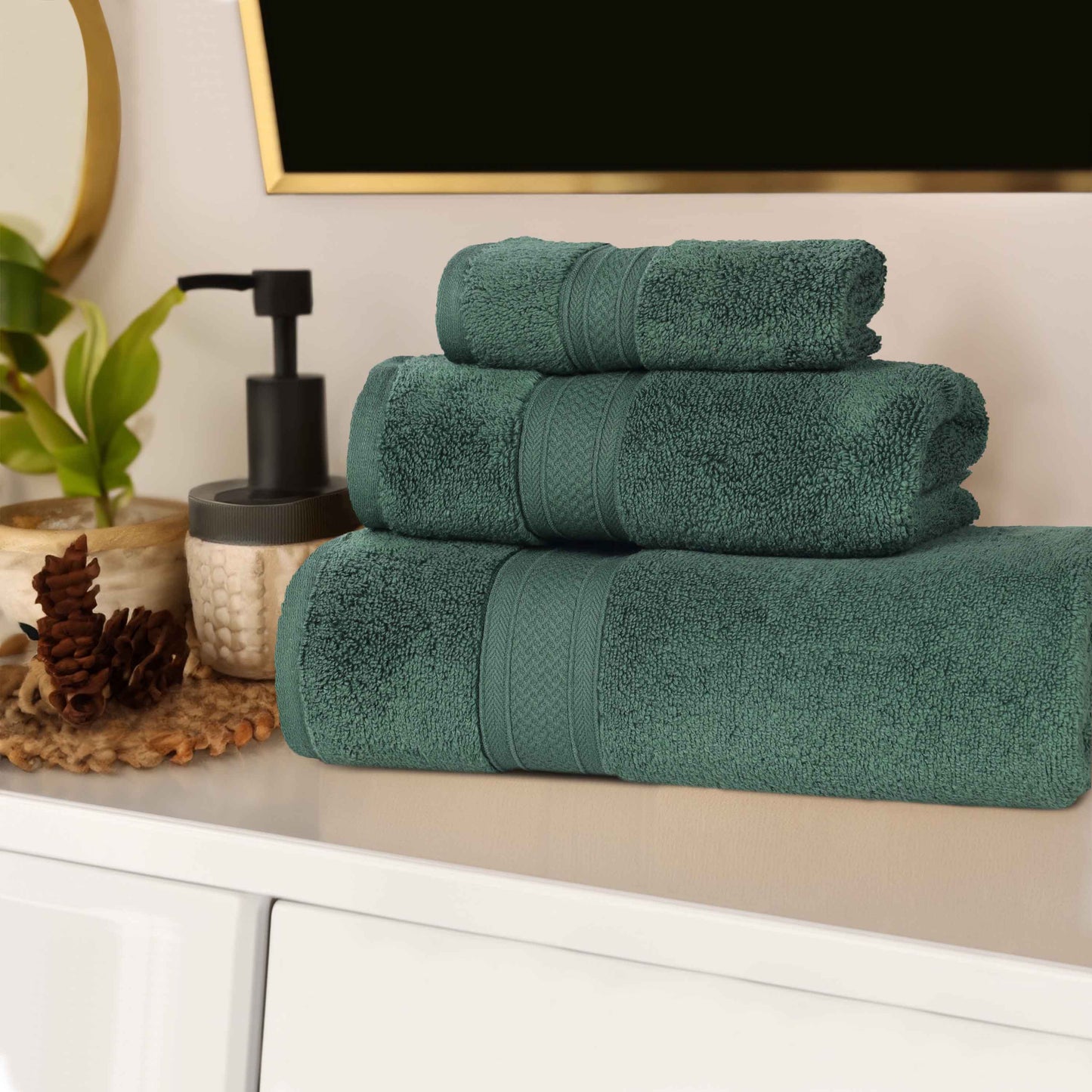 Chevron Zero Twist Solid Soft Absorbent Cotton 3 Piece Towel Set - ForestGreen