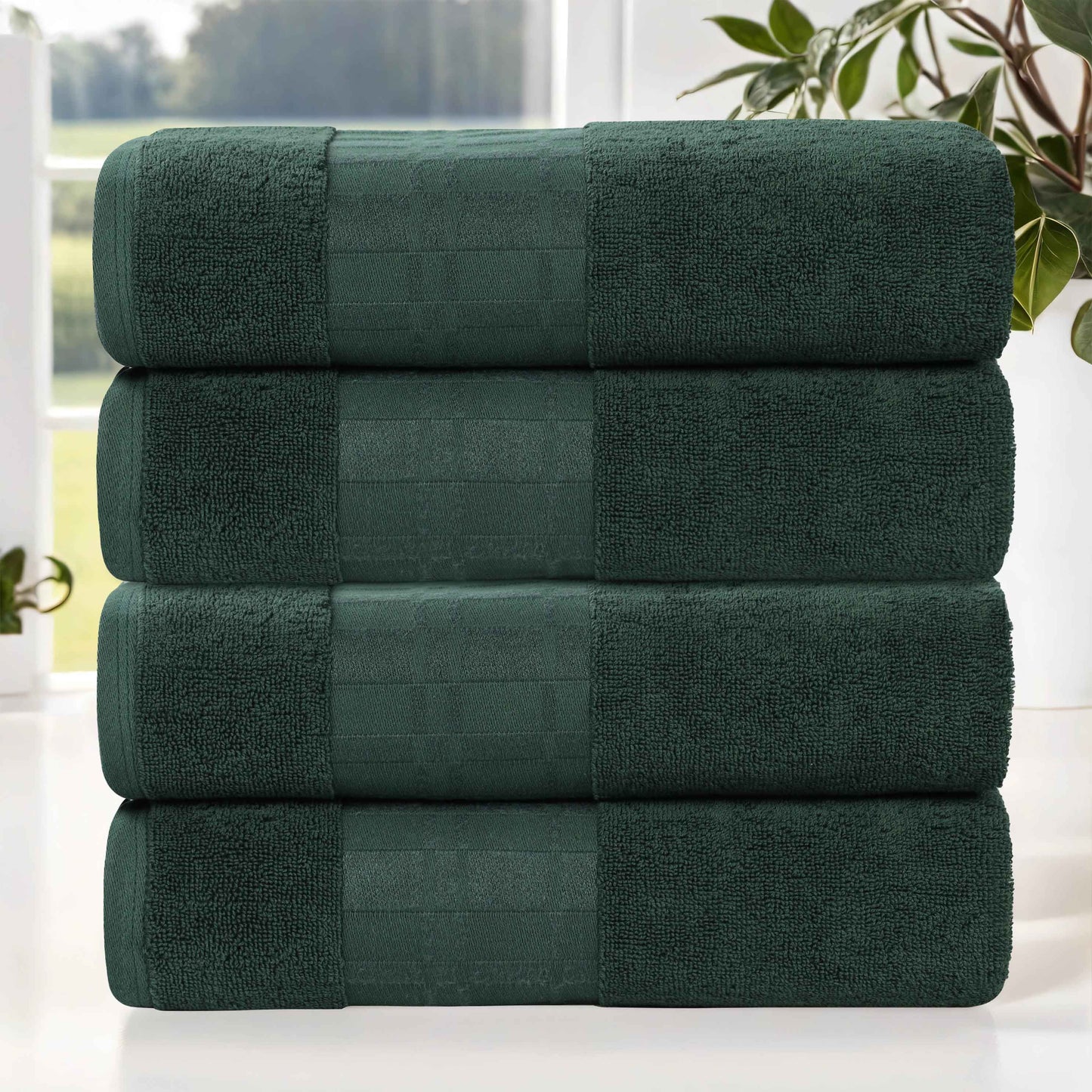 Larissa Cotton Geometric Border Bath Towel Set of 4 - ForestGreen