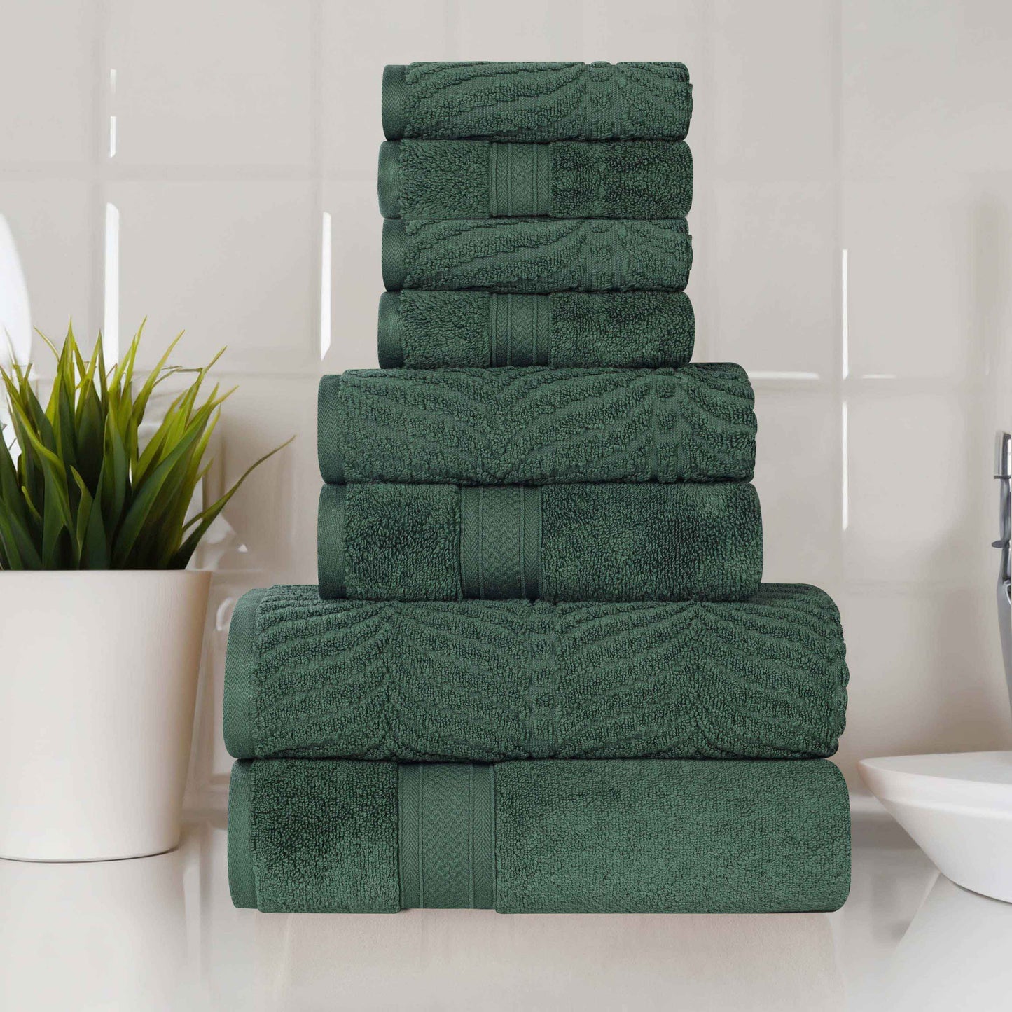 Chevron Zero Twist Solid and Jacquard Cotton 8 Piece Towel Set - ForestGreen