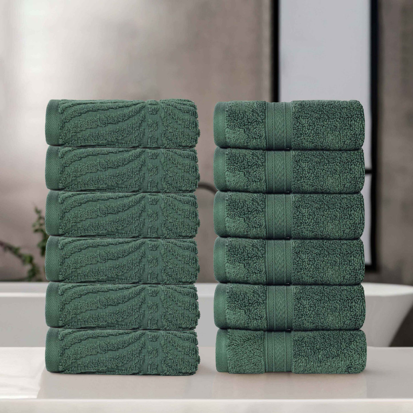 Chevron Zero Twist Solid and Jacquard Soft Cotton Washcloth Set of 12 - ForestGreen