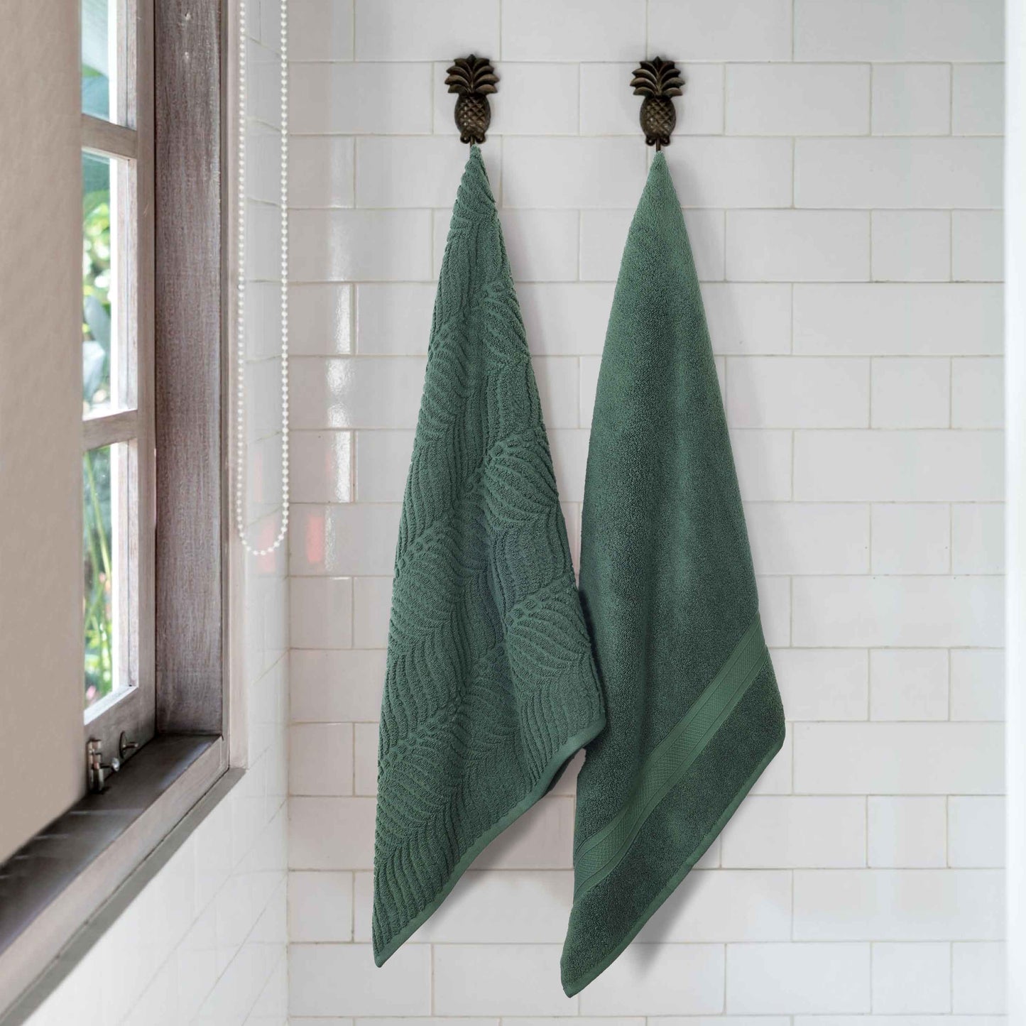 Chevron Zero Twist Solid and Jacquard Soft Cotton Bath Sheet Set of 2 - ForestGreen