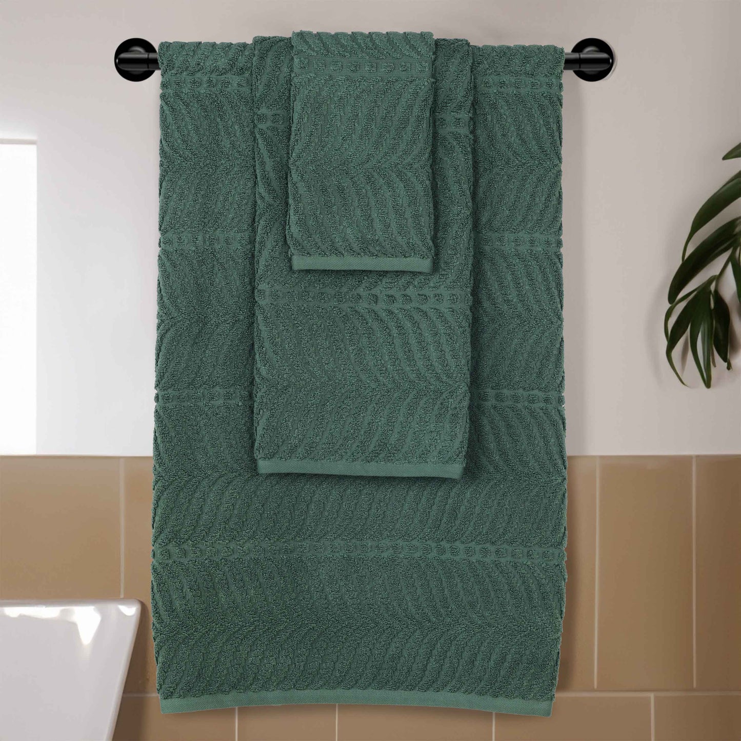 Chevron Zero Twist Jaquard Cotton 3 Piece Bathroom Towel Set - ForestGreen