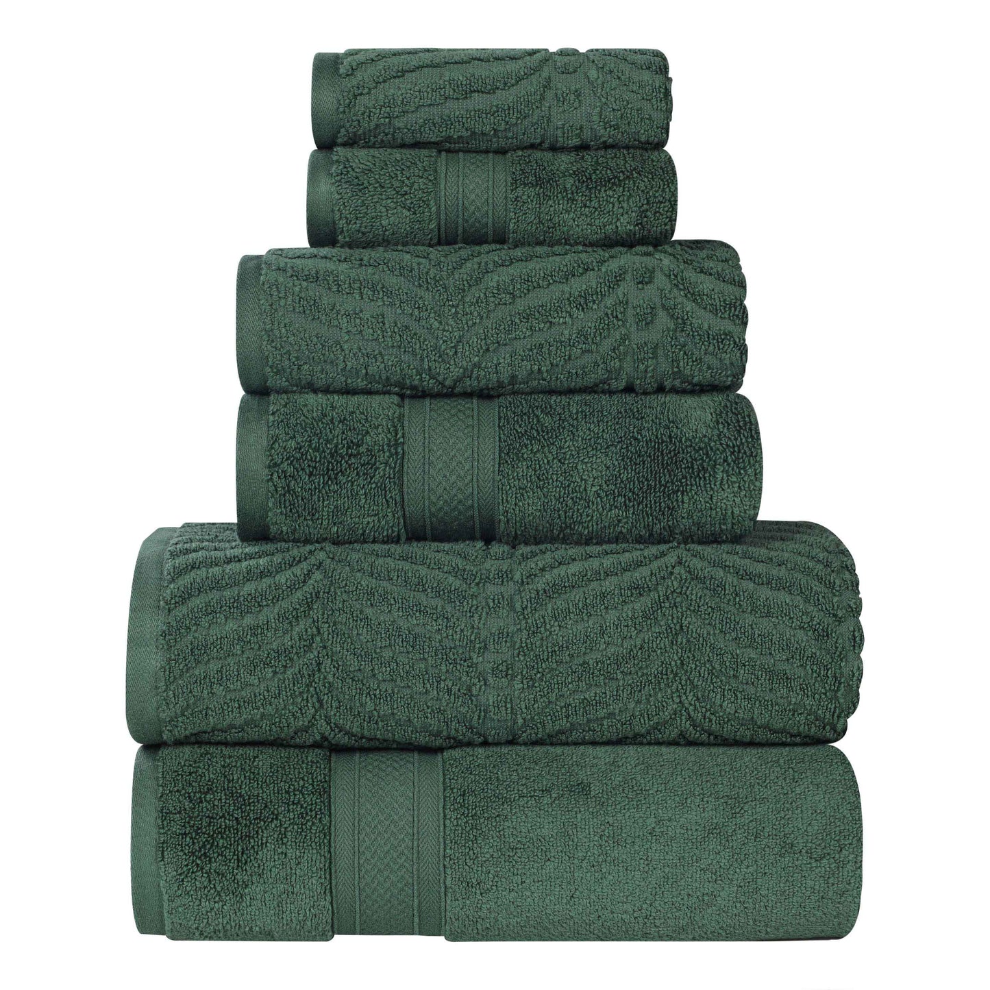 Chevron Zero Twist Solid and Jacquard Soft Cotton 6 Piece Towel Set - ForestGreen