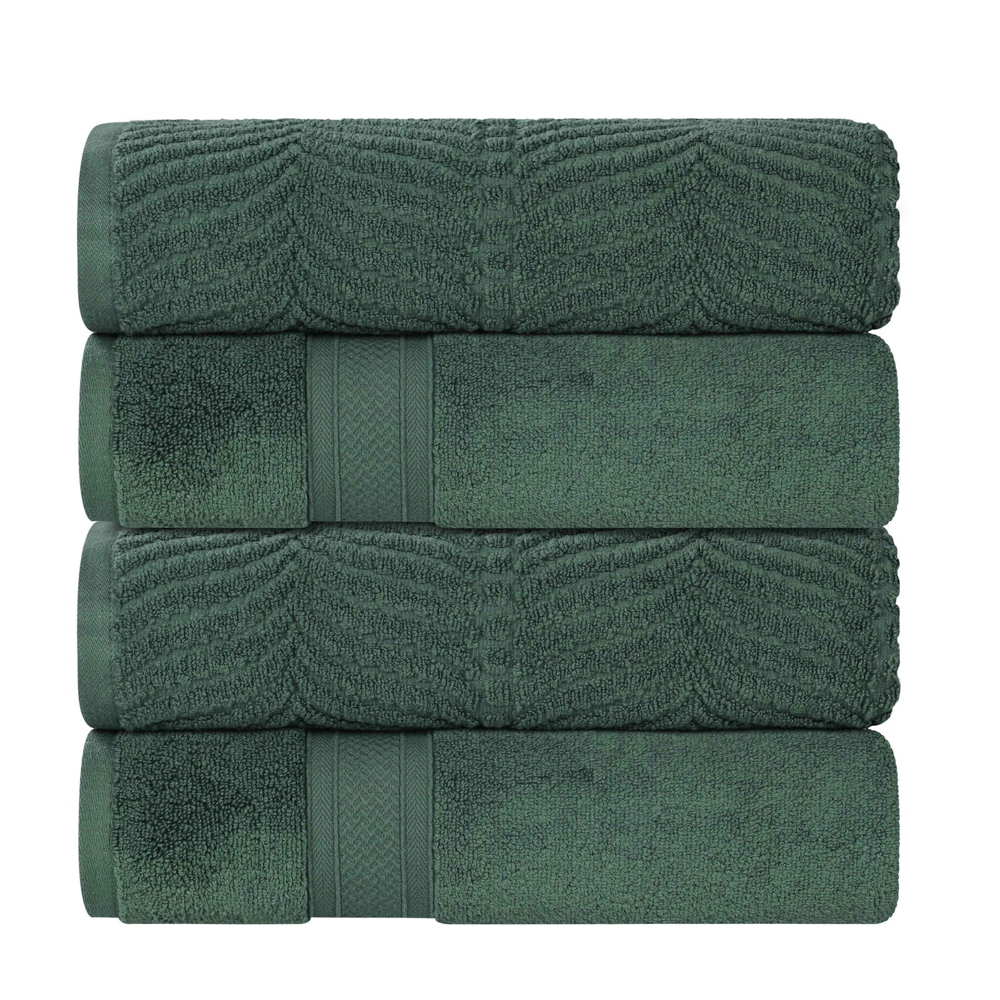 Chevron Zero Twist Solid and Jacquard Soft Cotton Hand Towel Set of 6 - ForestGreen