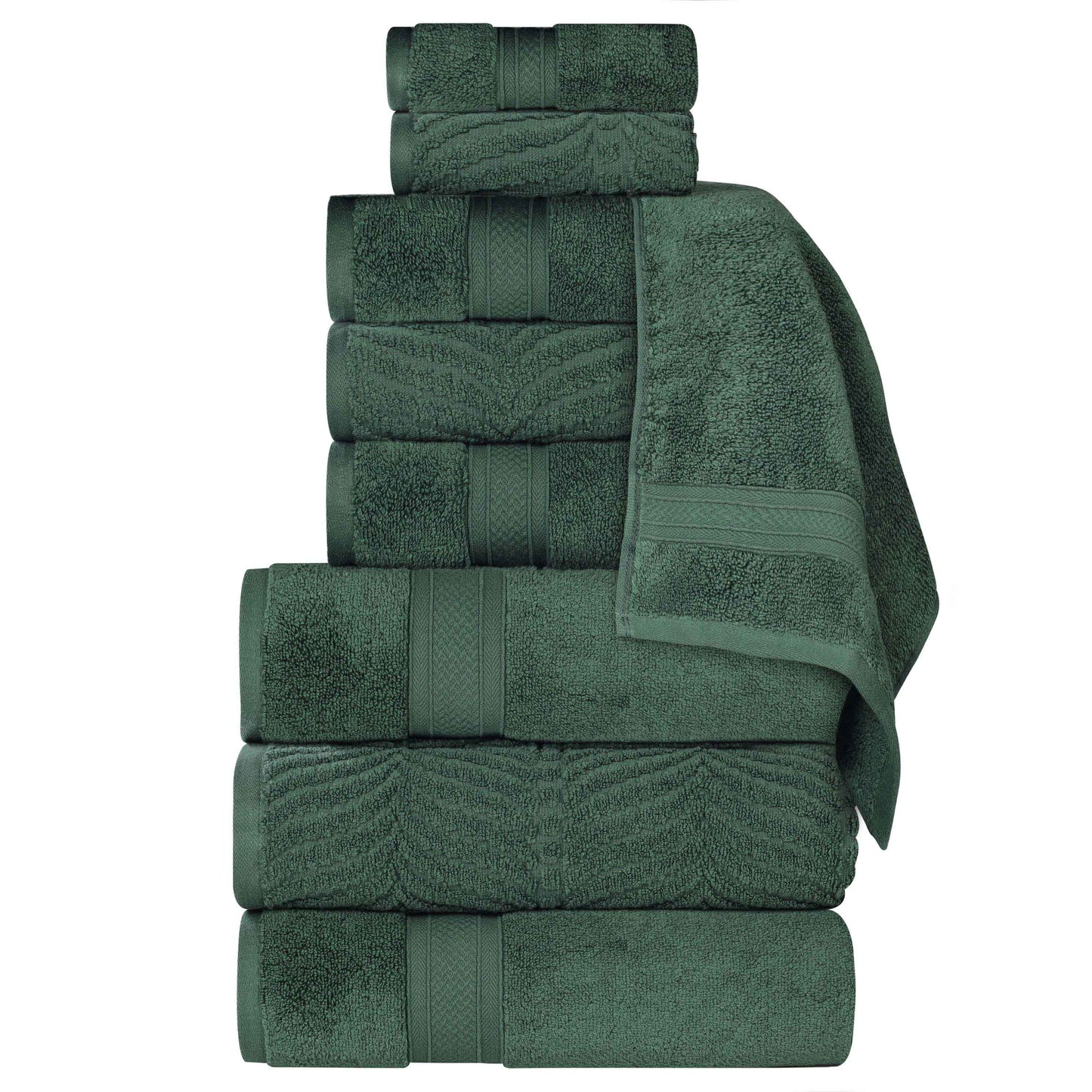 Chevron Zero Twist Solid and Jacquard Cotton 9 Piece Towel Set - ForestGreen