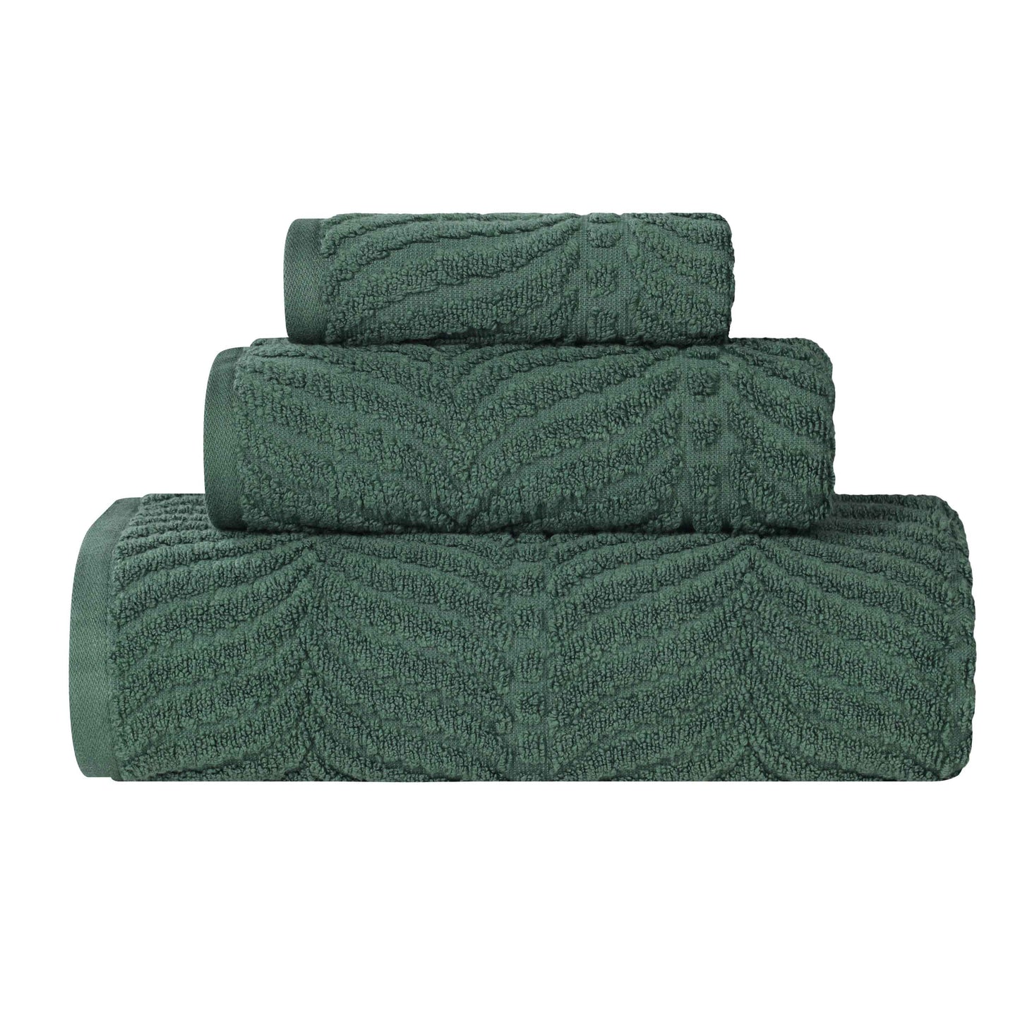 Chevron Zero Twist Jaquard Cotton 3 Piece Bathroom Towel Set - ForestGreen