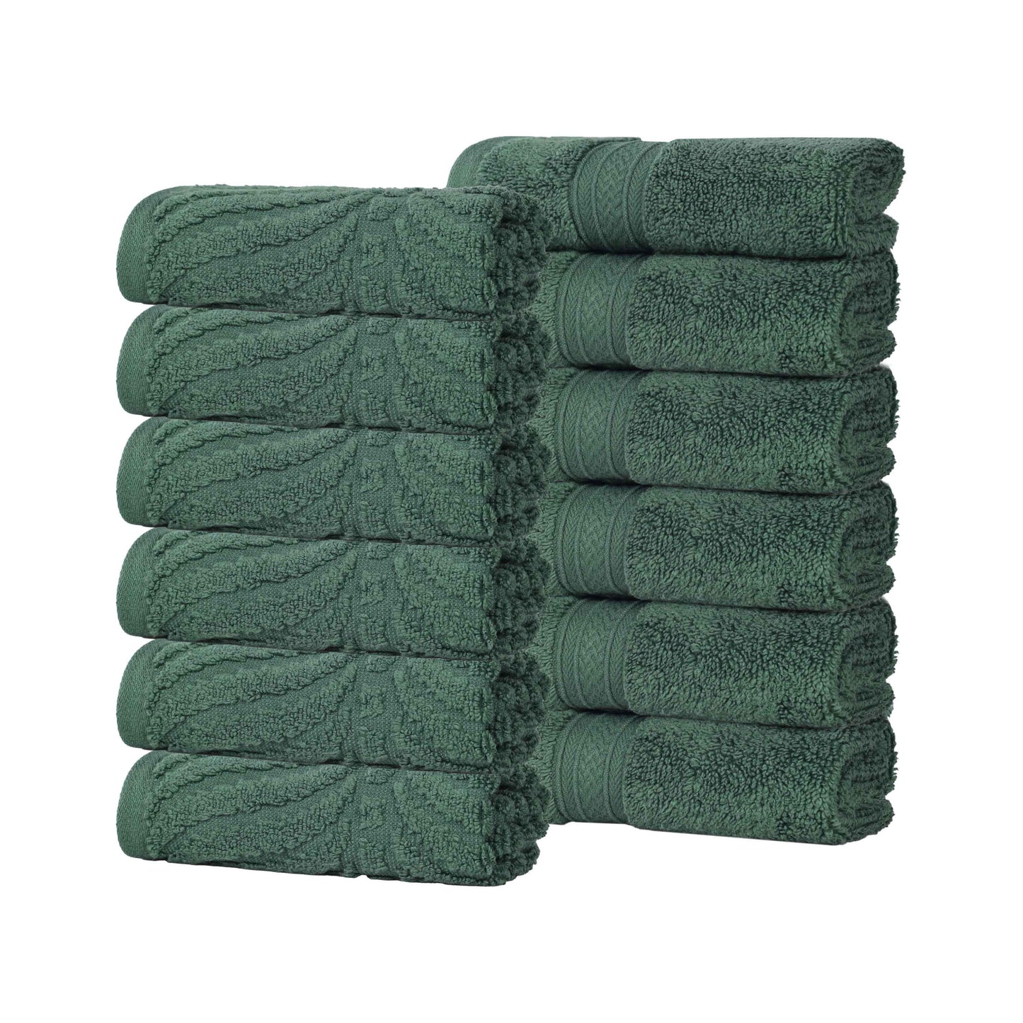 Chevron Zero Twist Solid and Jacquard Soft Cotton Washcloth Set of 12 - ForestGreen