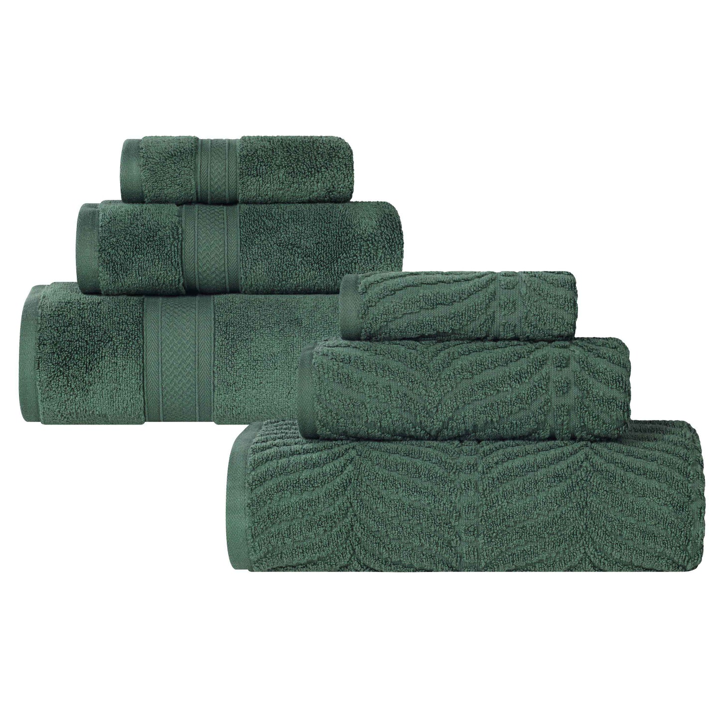 Chevron Zero Twist Solid and Jacquard Soft Cotton 6 Piece Towel Set - ForestGreen