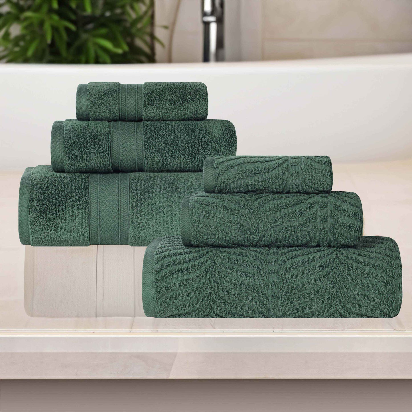 Chevron Zero Twist Solid and Jacquard Soft Cotton 6 Piece Towel Set - ForestGreen