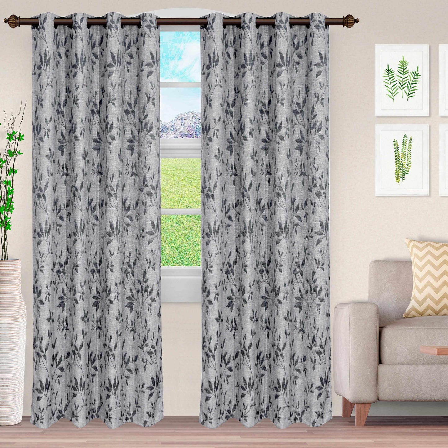 Ghera Jacquard Curtain Panel Set with Grommet Top Header - Charcoal - Grey