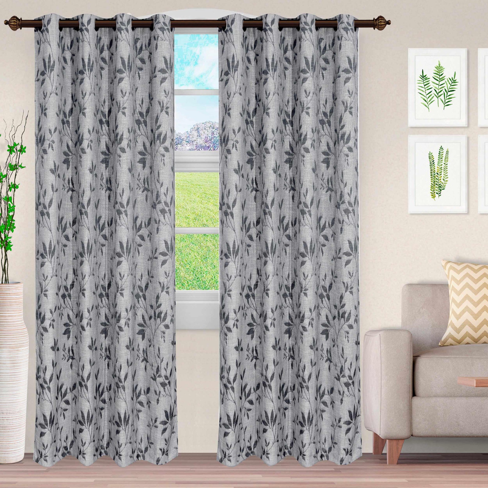 Ghera Jacquard Curtain Panel Set with Grommet Top Header - Charcoal - Grey