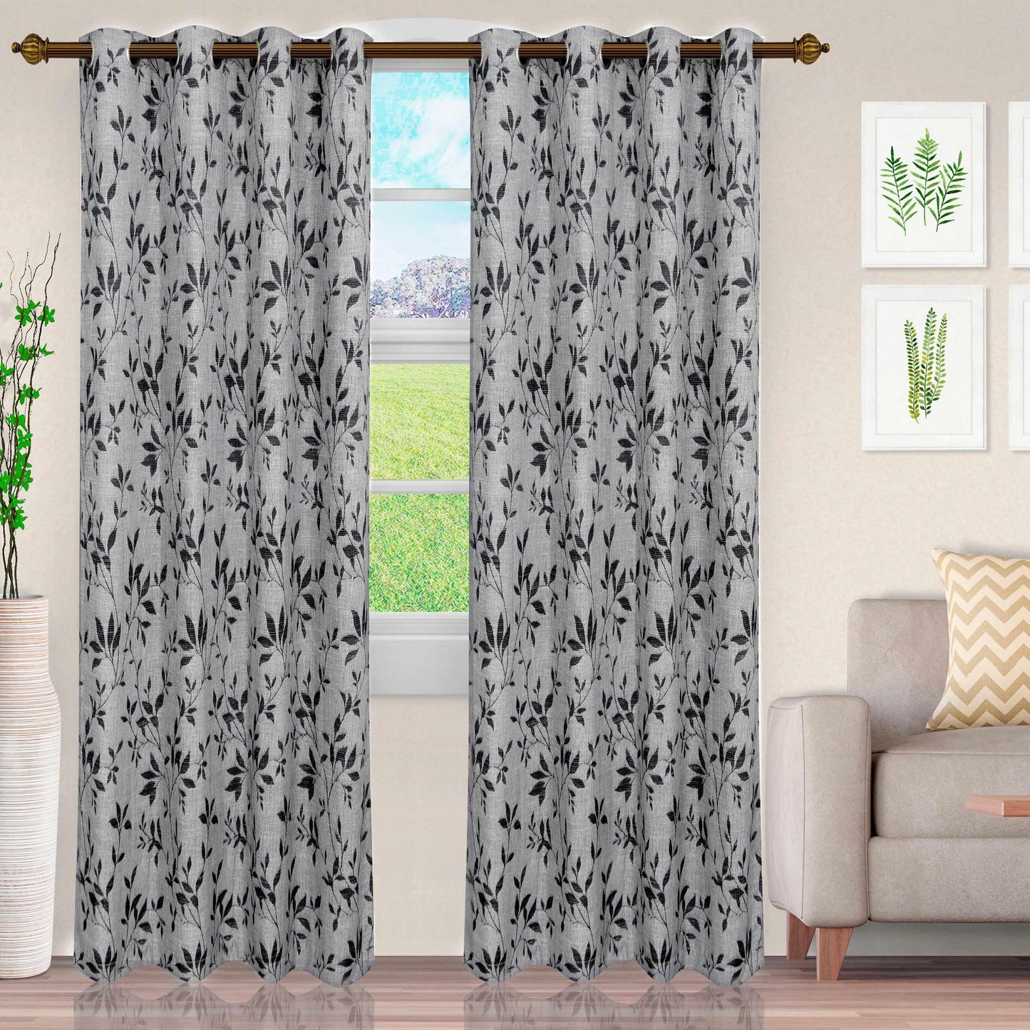 Ghera Jacquard Curtain Panel Set with Grommet Top Header - Black - Grey