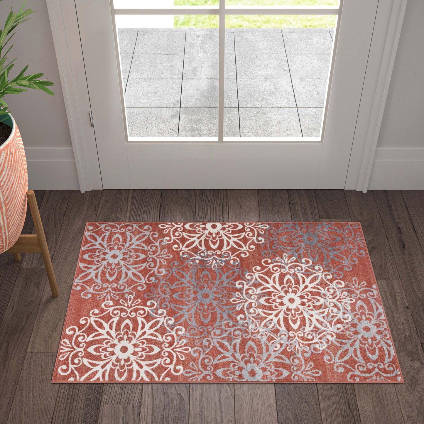 Leigh Traditional Floral Scroll Indoor Area Rug or Runner Rug Or Door Mat - Ginger