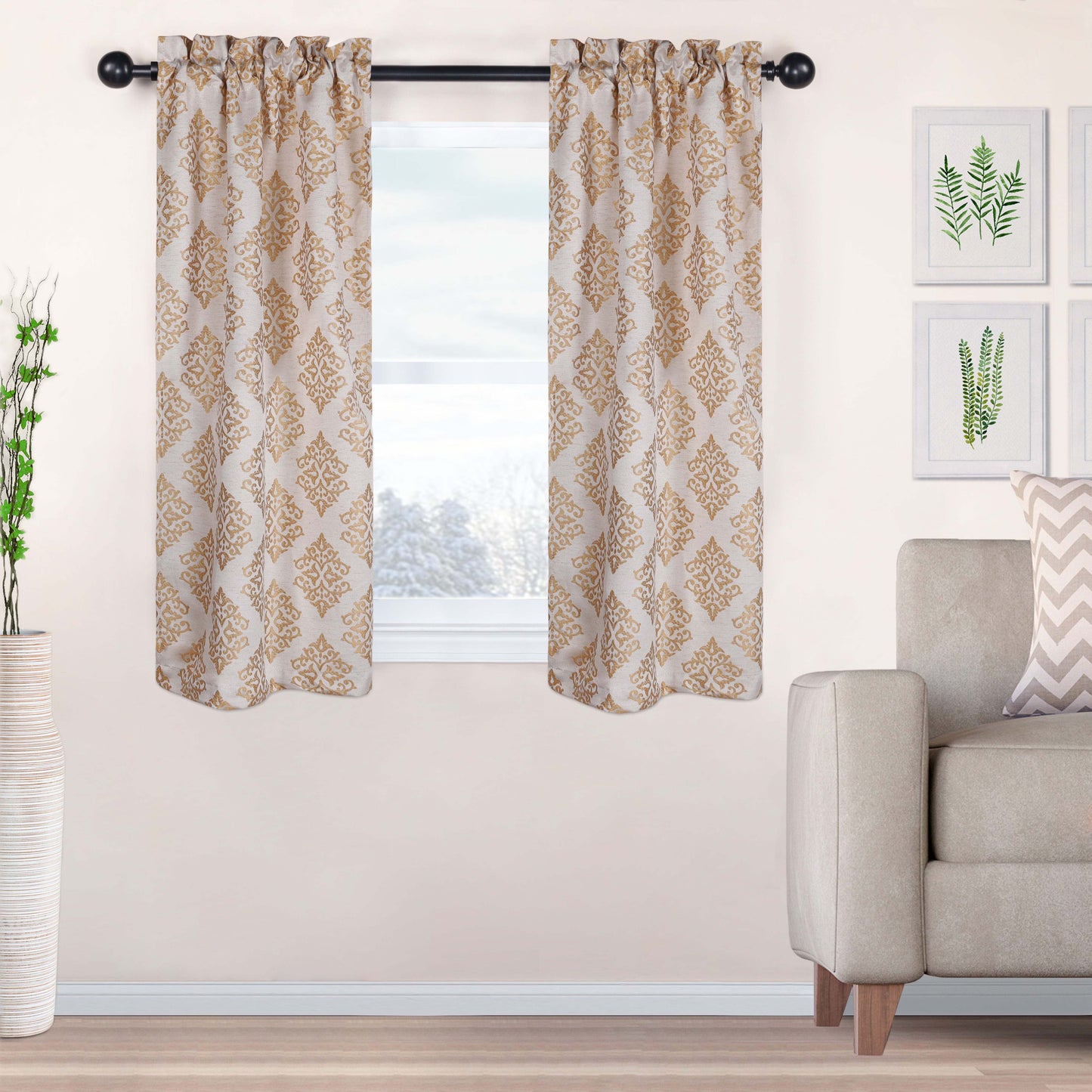 Venetian Damask Jacquard Curtain Panels, Set of 2 - Gold