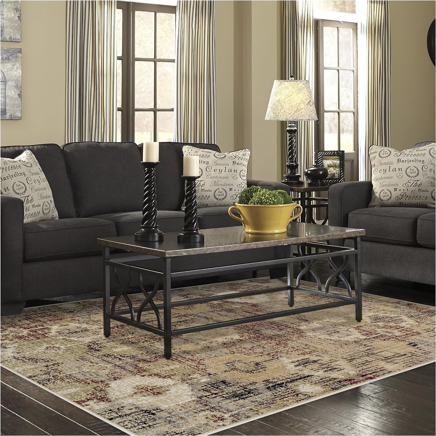 Arabella Heavily Distressed Retro Geometric Area Rug or Runner - Gold