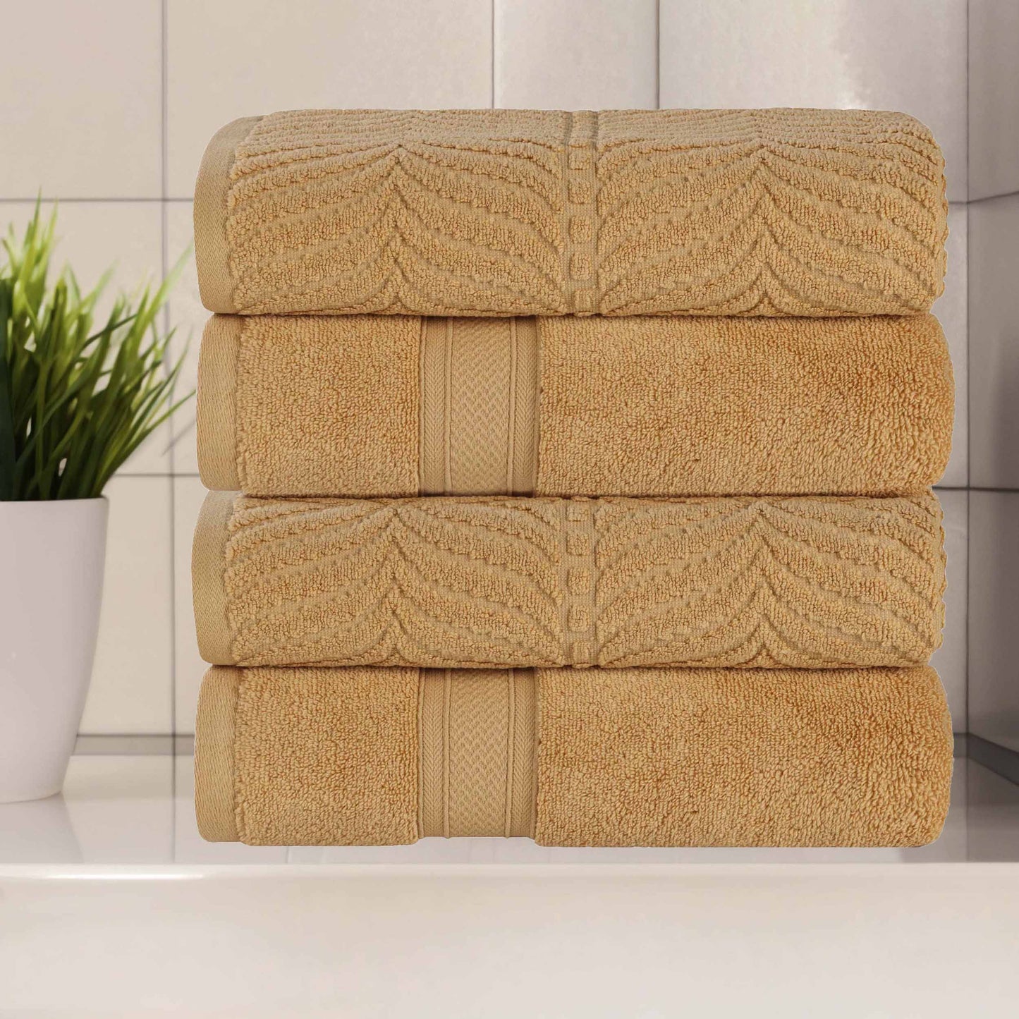 Chevron Zero Twist Solid and Jacquard Soft Cotton Hand Towel Set of 6 - Gold