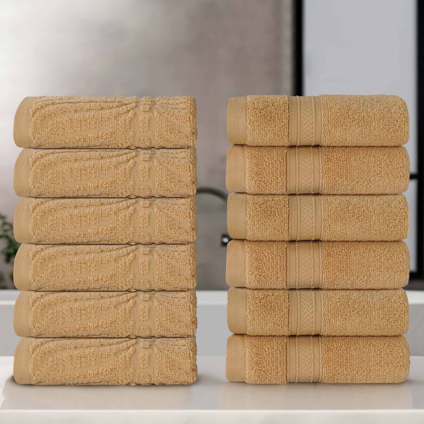Chevron Zero Twist Solid and Jacquard Soft Cotton Washcloth Set of 12 - Gold