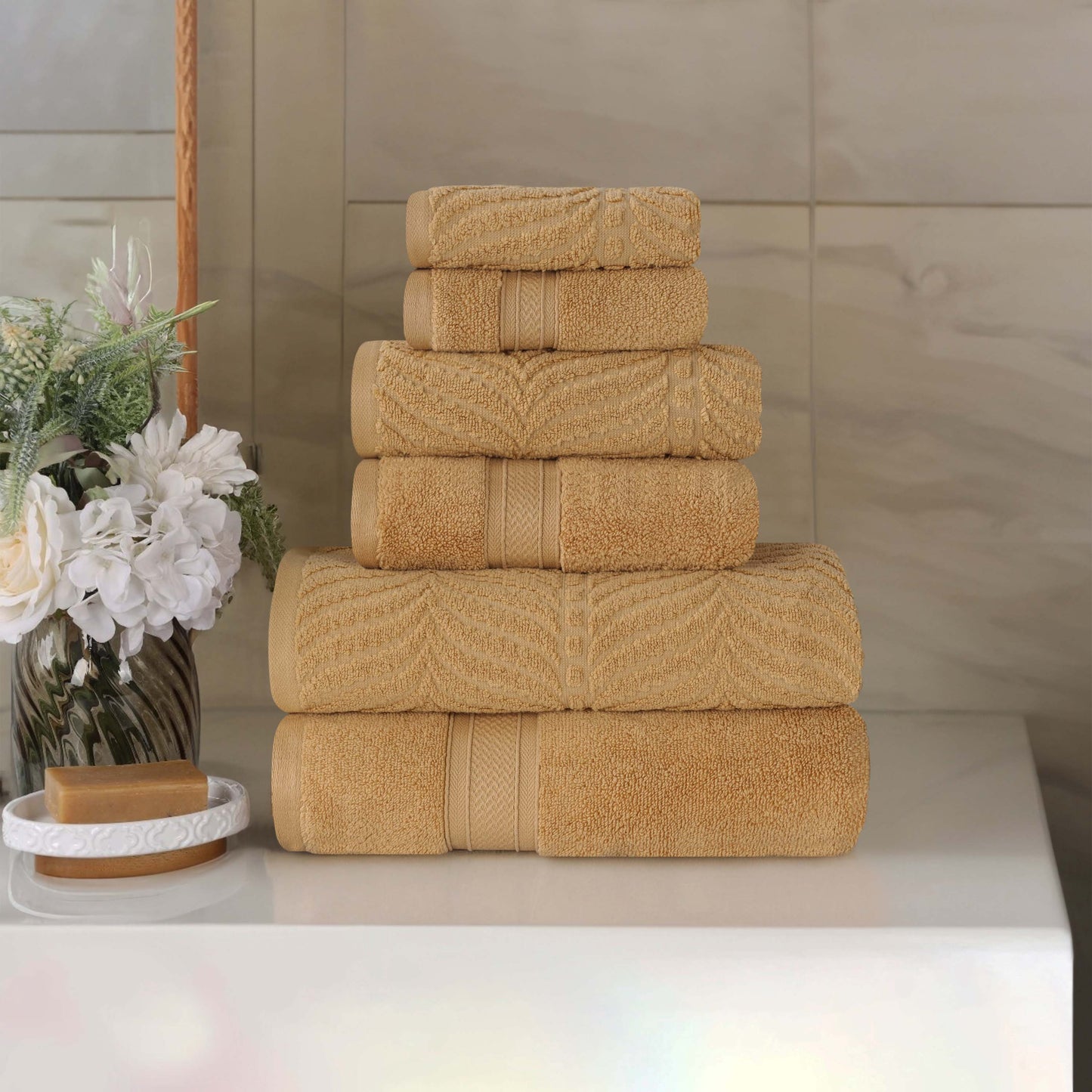 Chevron Zero Twist Solid and Jacquard Soft Cotton 6 Piece Towel Set - Gold