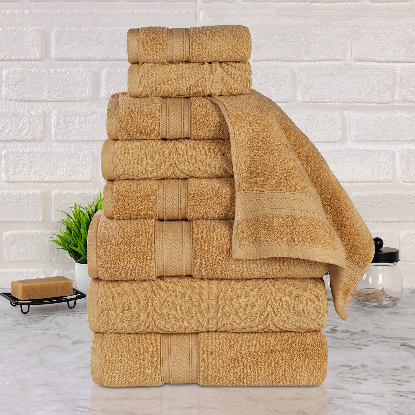 Chevron Zero Twist Solid and Jacquard Cotton 9 Piece Towel Set - Gold