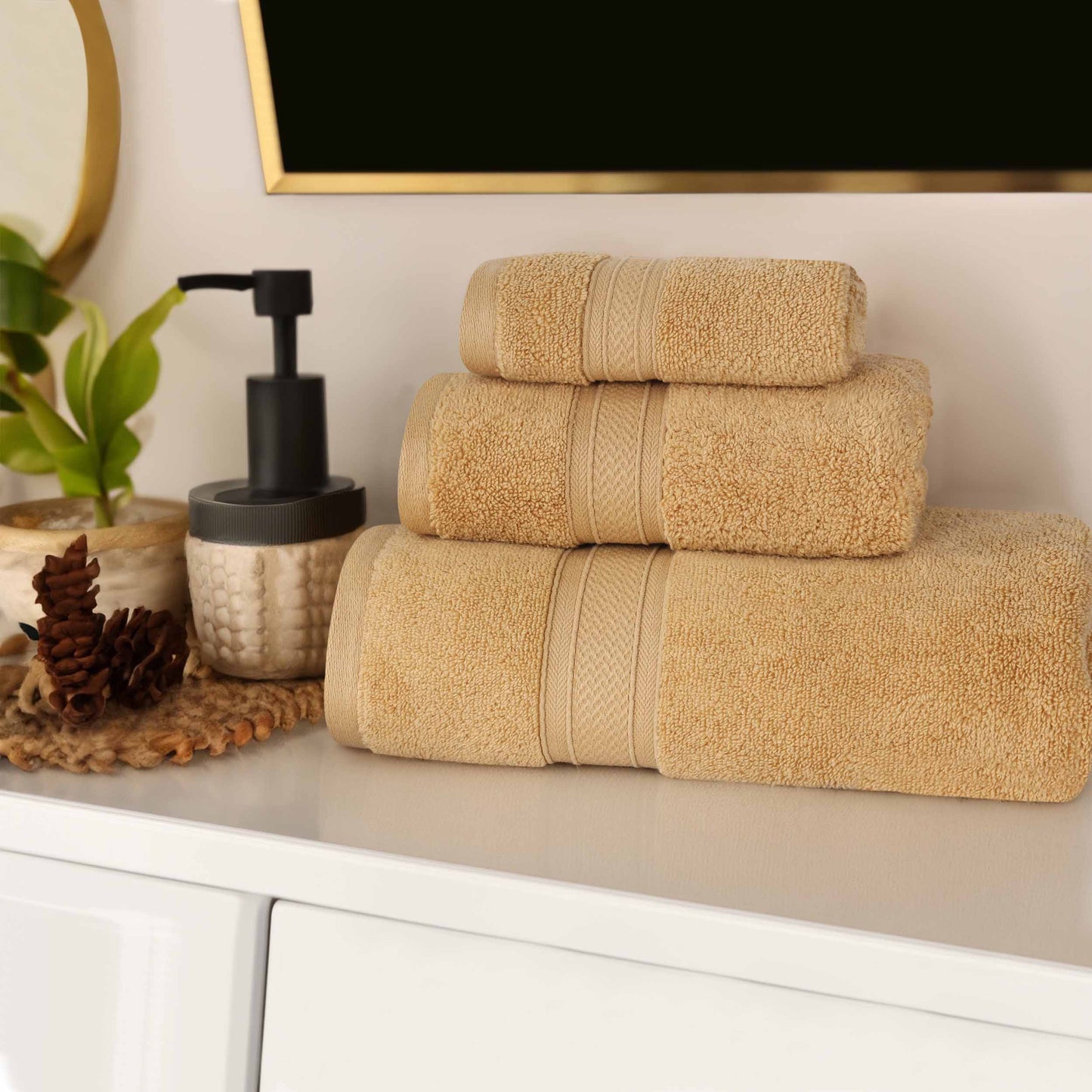 Chevron Zero Twist Solid Soft Absorbent Cotton 3 Piece Towel Set - Gold