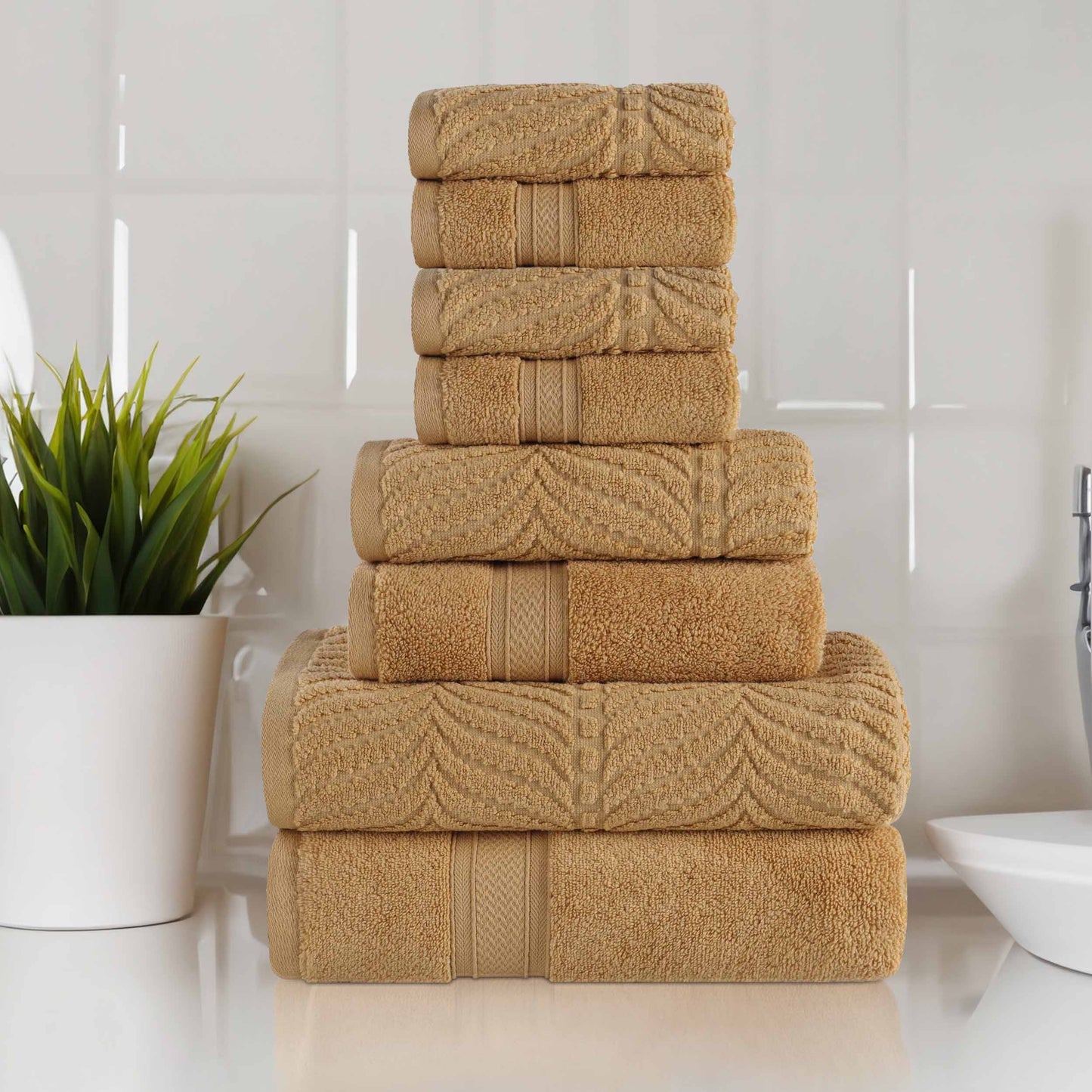 Chevron Zero Twist Solid and Jacquard Cotton 8 Piece Towel Set - Gold