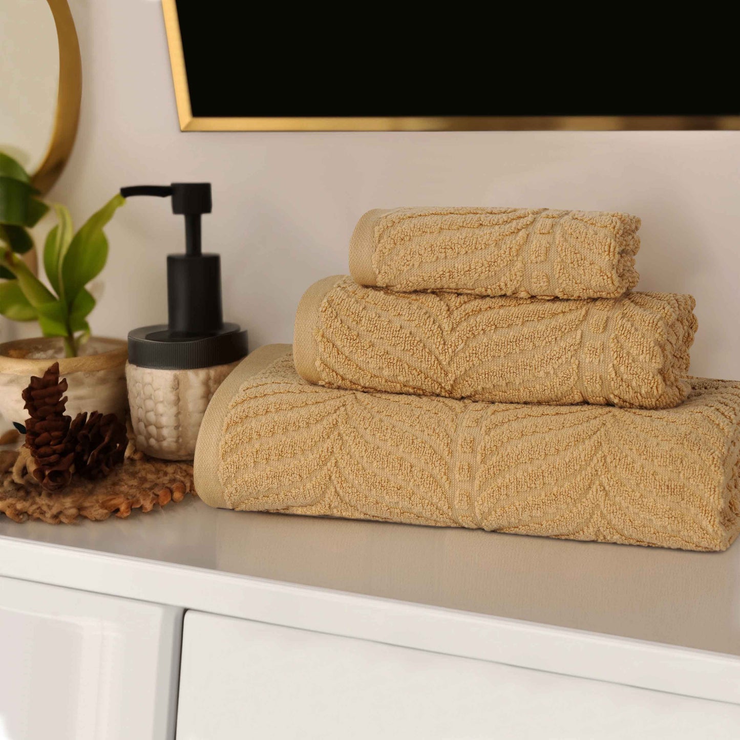 Chevron Zero Twist Jaquard Cotton 3 Piece Bathroom Towel Set - Gold