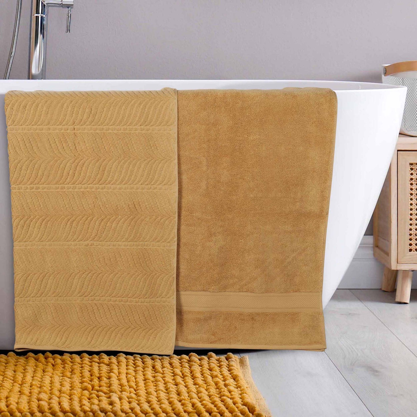 Chevron Zero Twist Solid and Jacquard Soft Cotton Bath Sheet Set of 2 - Gold