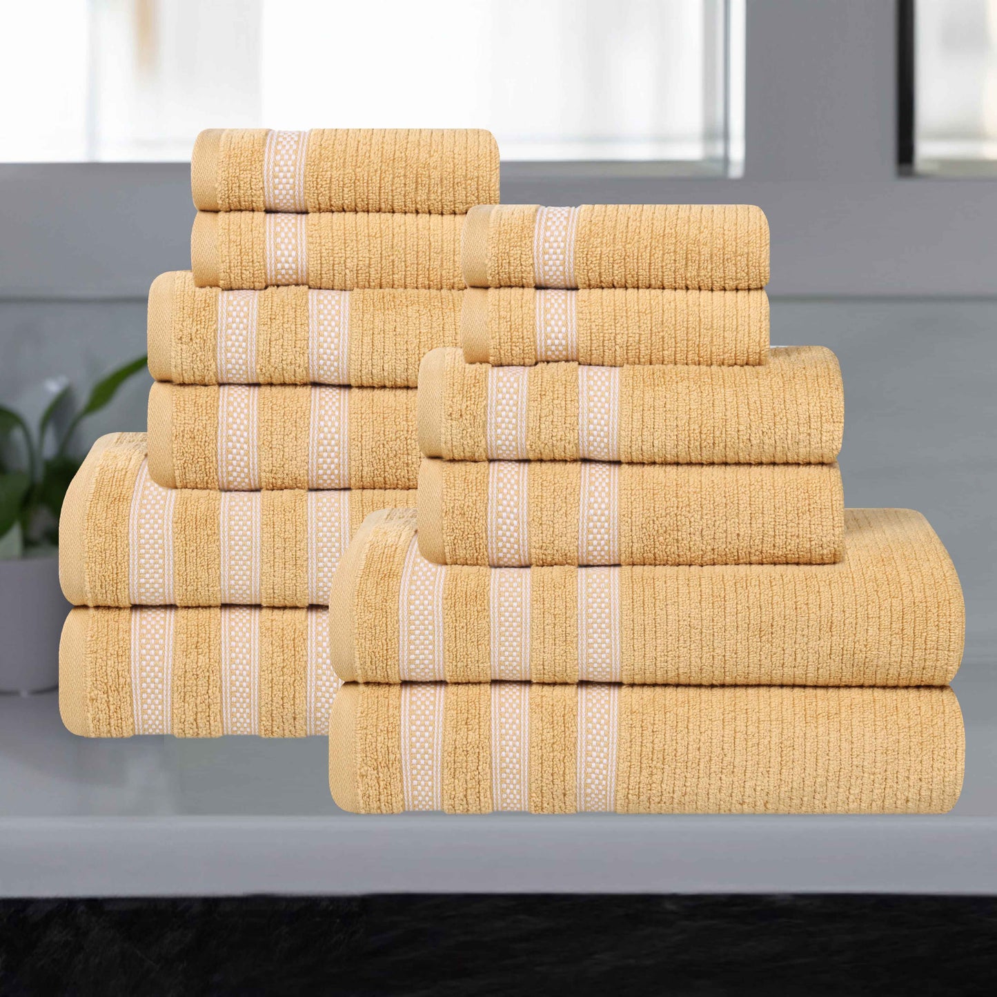 Brea Zero Twist Cotton Ribbed Geometric Border 12 Piece Towel Set