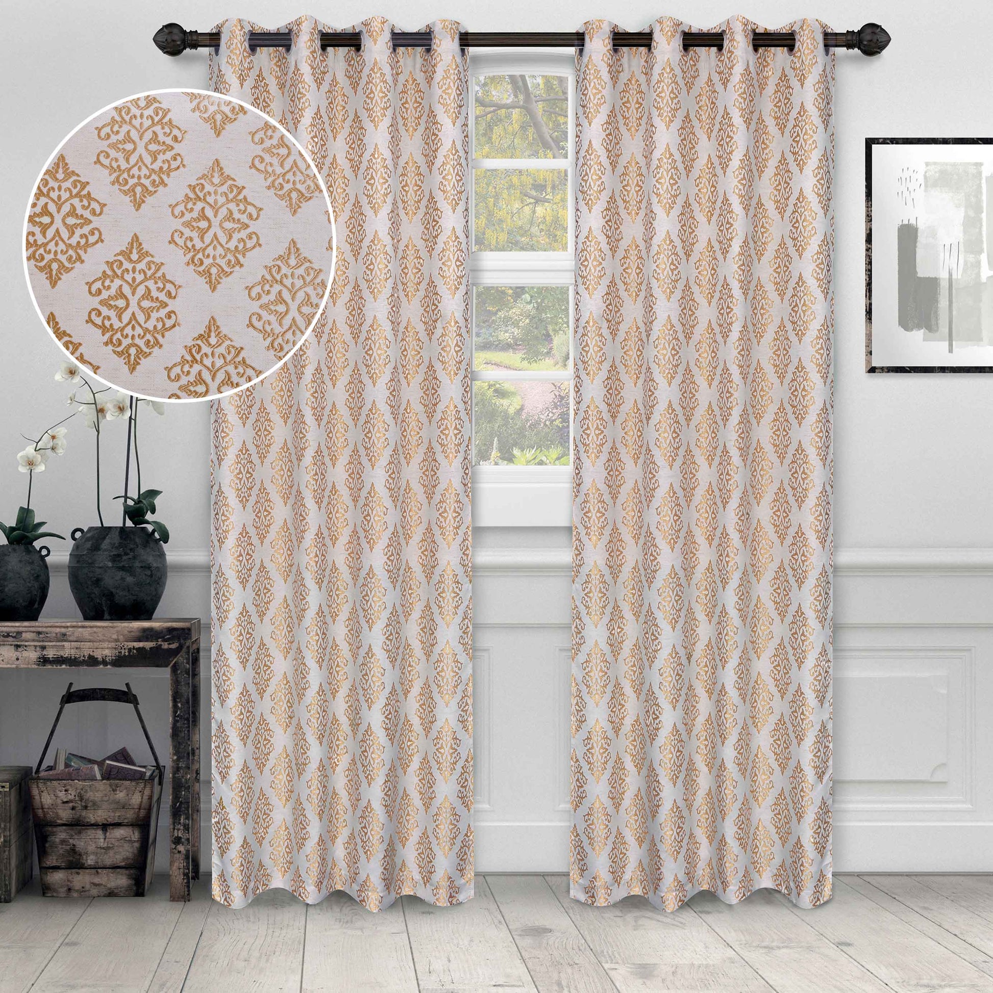 Venetian Damask Jacquard Curtain Panels, Set of 2 - Gold