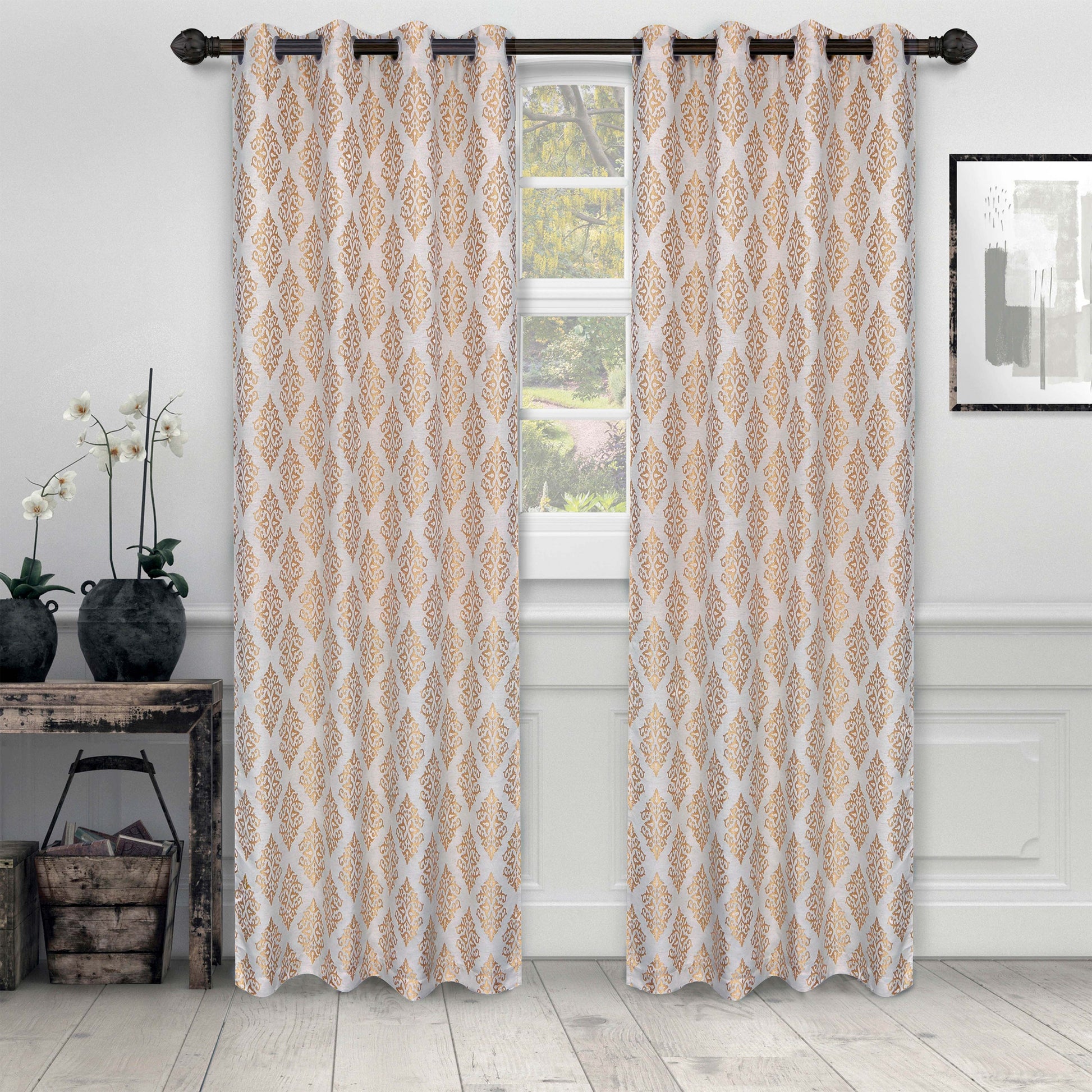 Venetian Damask Jacquard Curtain Panels, Set of 2 - Gold