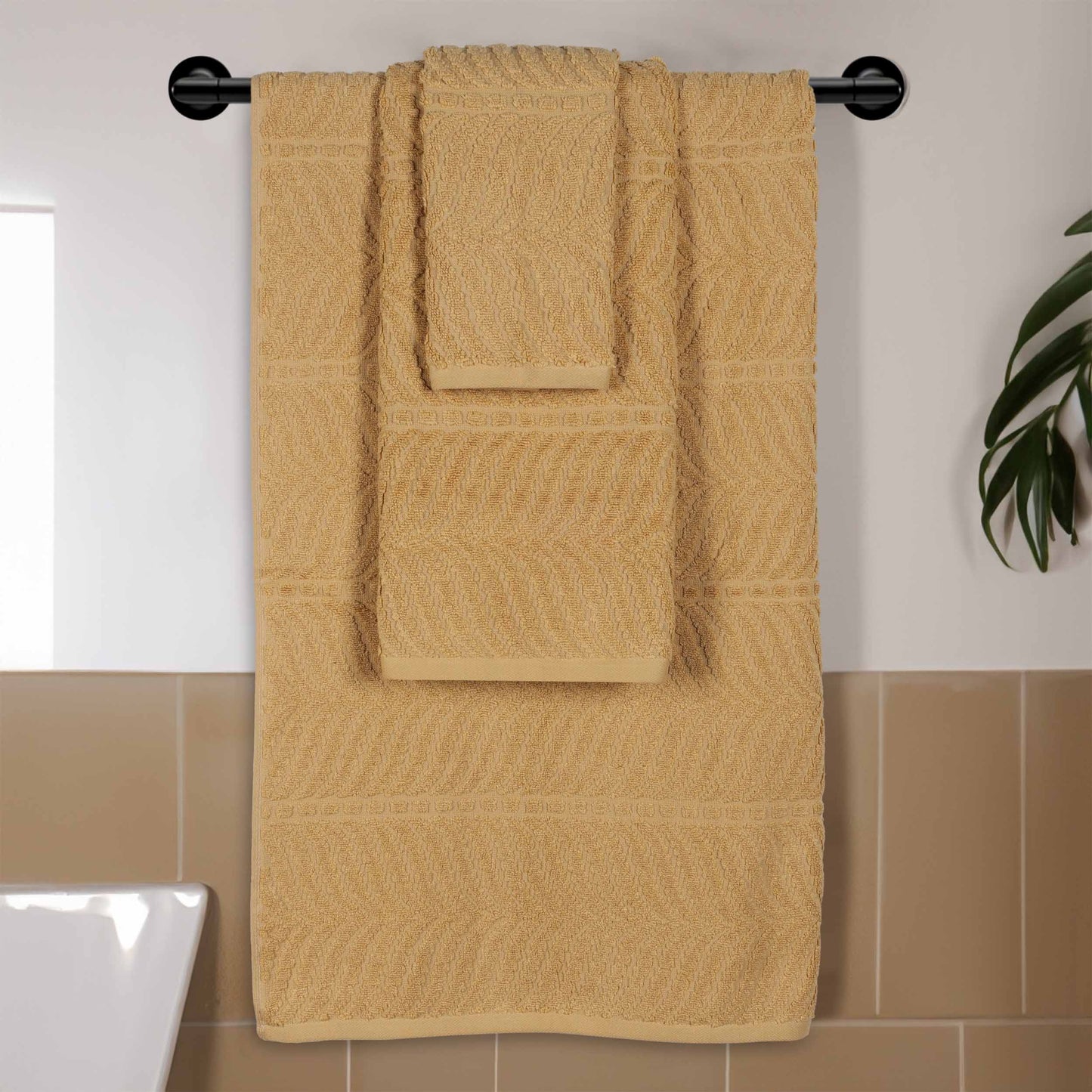 Chevron Zero Twist Jaquard Cotton 3 Piece Bathroom Towel Set - Gold