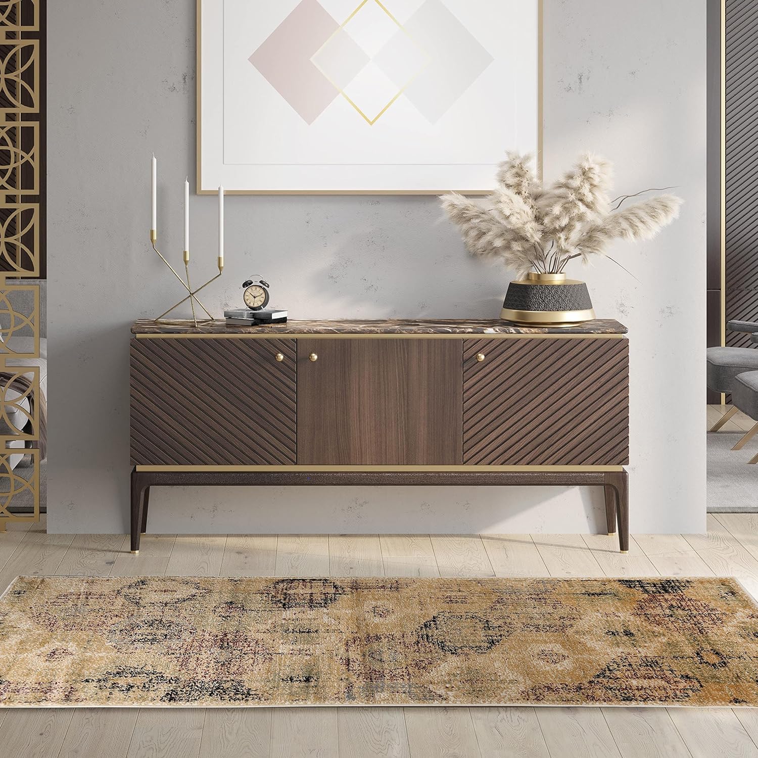 Arabella Heavily Distressed Retro Geometric Area Rug or Runner - Gold
